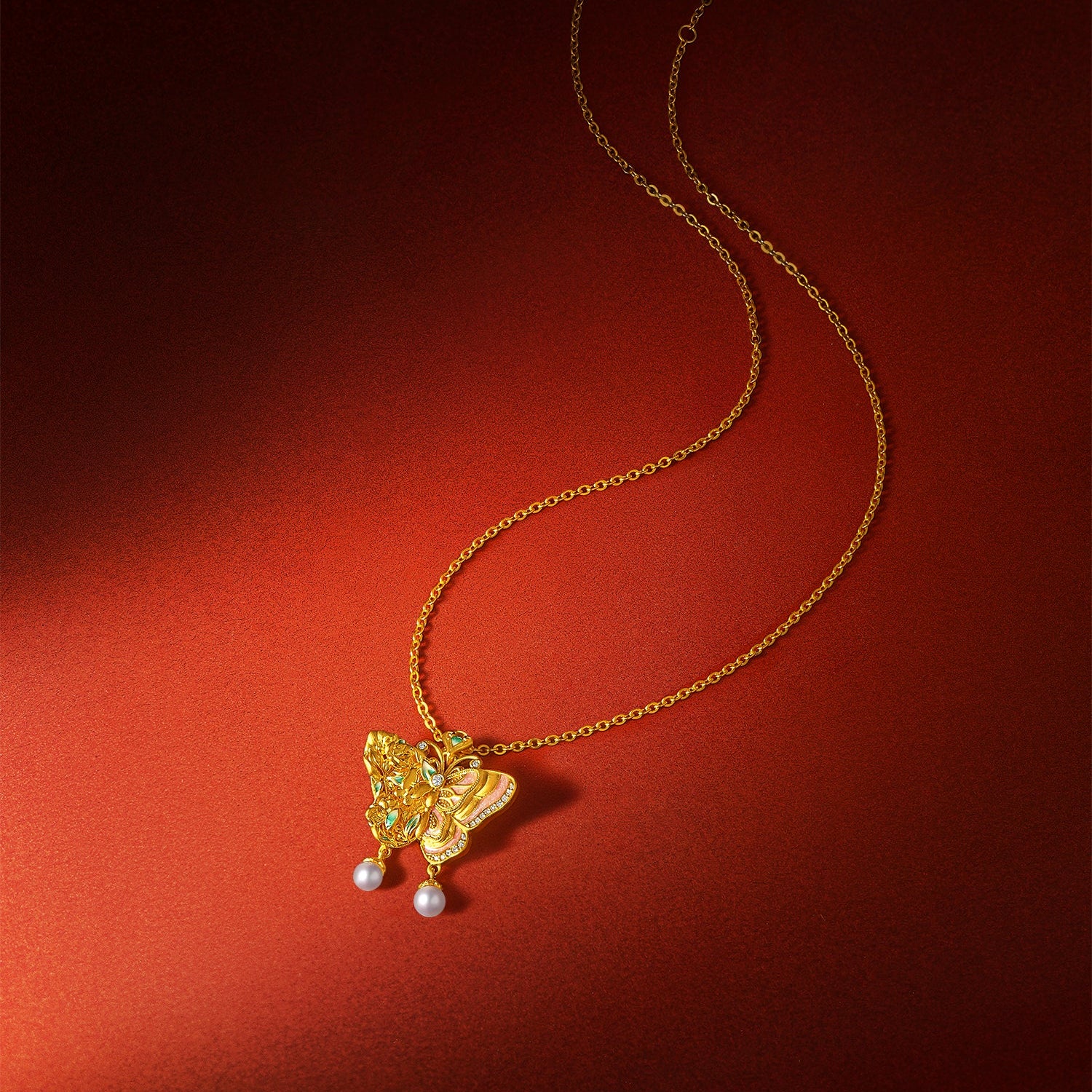 "Chinese Culture Collection - Dan Qing" 24K Gold Pendant Necklace Diamond 0.004ct Pearl 3.5-4mm Butterfly 14.8-17.8g W0636728