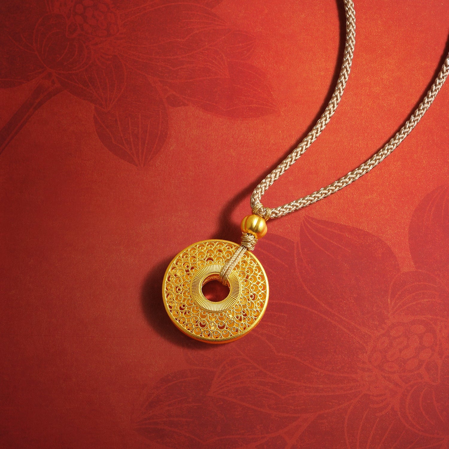 "Jiuhua Mountain" 24K Gold Diamond Filigree Floral Round Pendant 0.0049ct W0436115