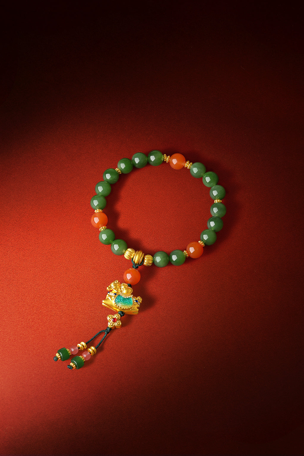 "Chinese Culture Collection - Dan Qing" 24K Gold Beaded Bracelet Braided Rope Hetian Jade 7.5-8mm Diamond 0.0032ct Agate 4-4.5mm Horse 5.5-7.2g Y1937292