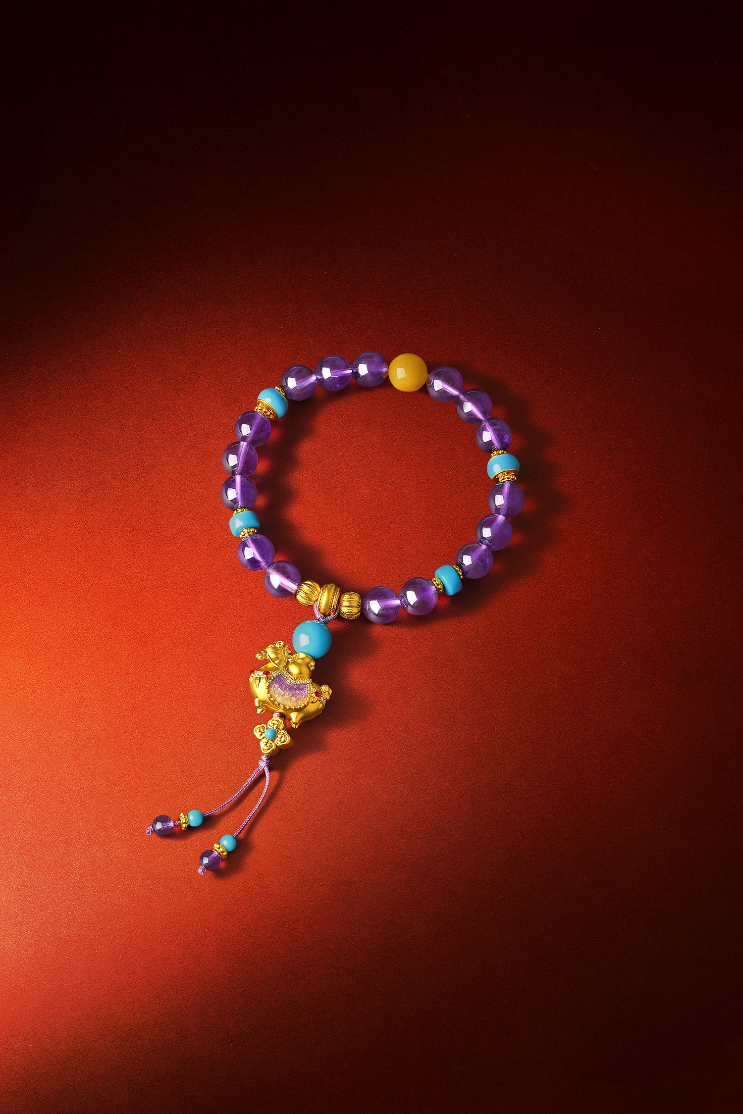 "Chinese Culture Collection - Dan Qing" 24K Gold Beaded Bracelet Braided Rope Amethyst 8-8.5mm Diamond 0.0031ct Amber 4-5mm Horse 5.4-6.8g J1937293