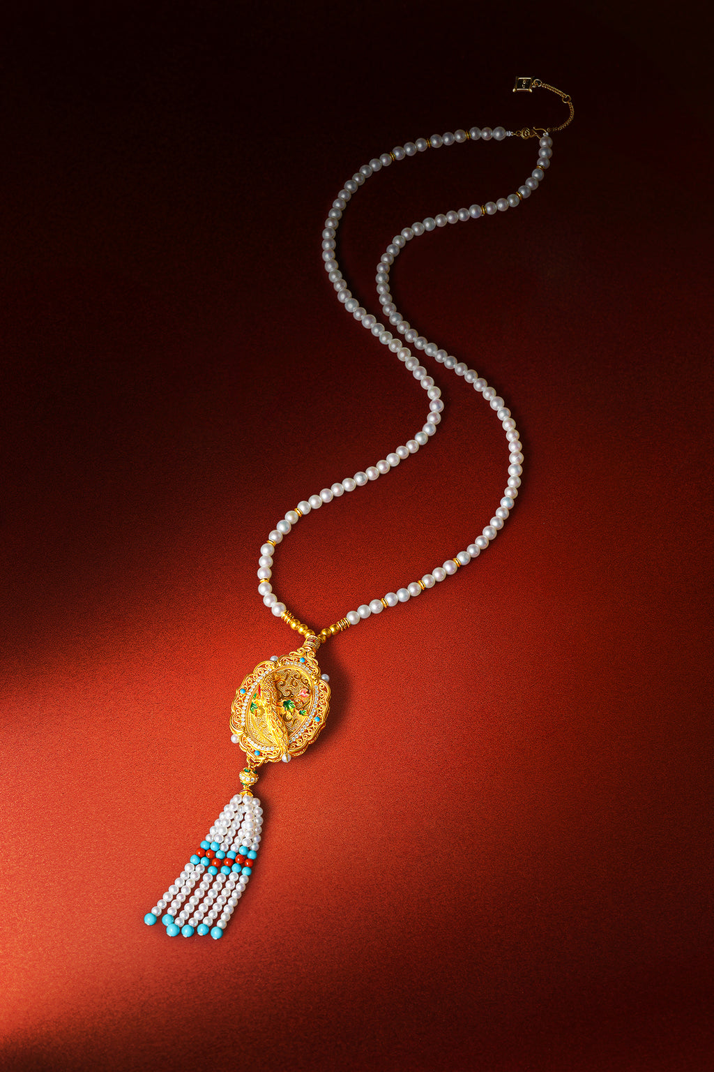 "Chinese Culture Collection - Dan Qing" 999 24K Gold String Pendant Necklace String Freshwater Pearl 3-5.5mm Diamond 0.0069ct Ruby 3-4.3mm Floral 55-62g X0650066
