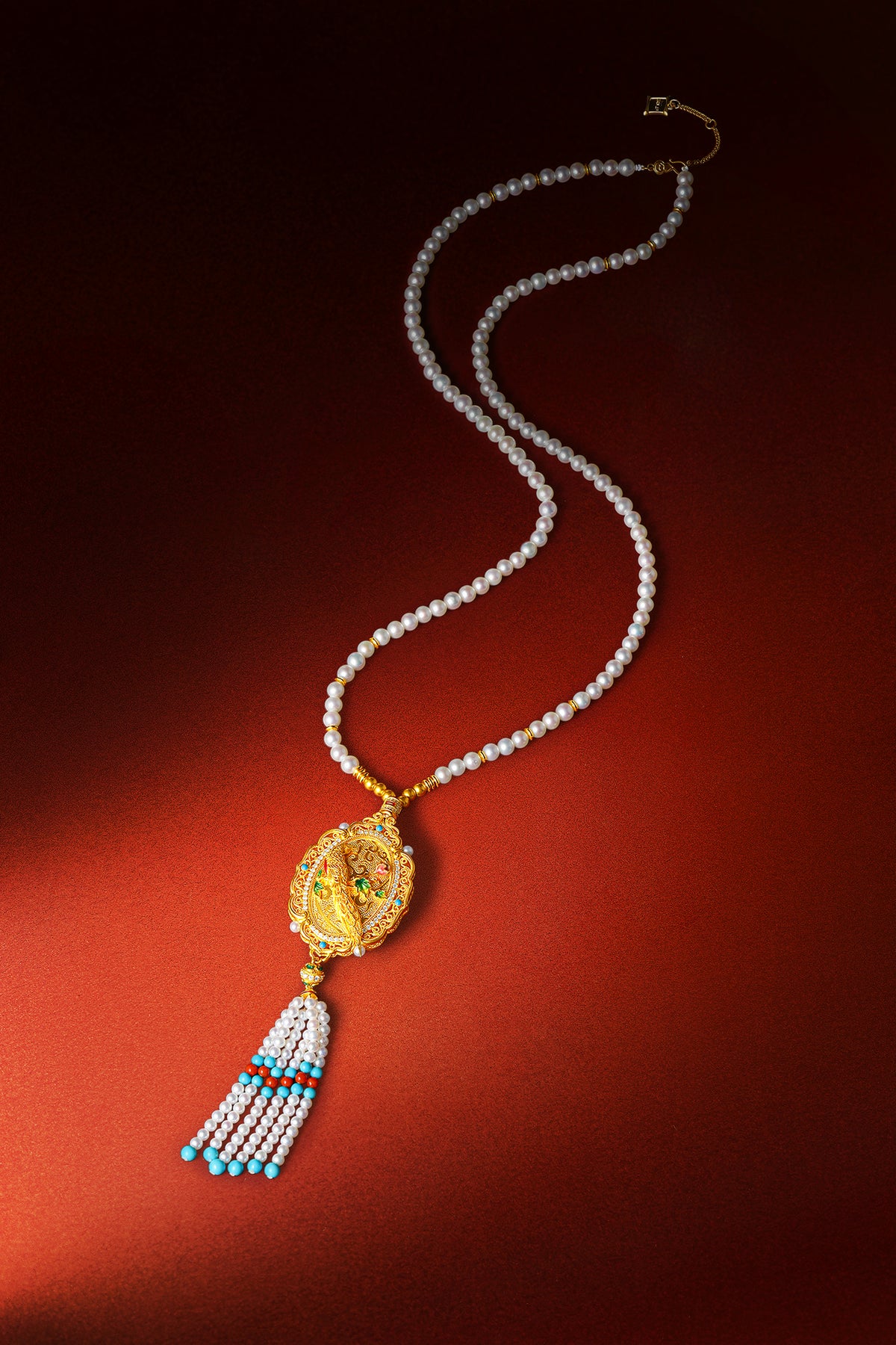 "Chinese Culture Collection - Dan Qing" 999 24K Gold String Pendant Necklace String Freshwater Pearl 3-5.5mm Diamond 0.0069ct Ruby 3-4.3mm Floral 55-62g X0650066