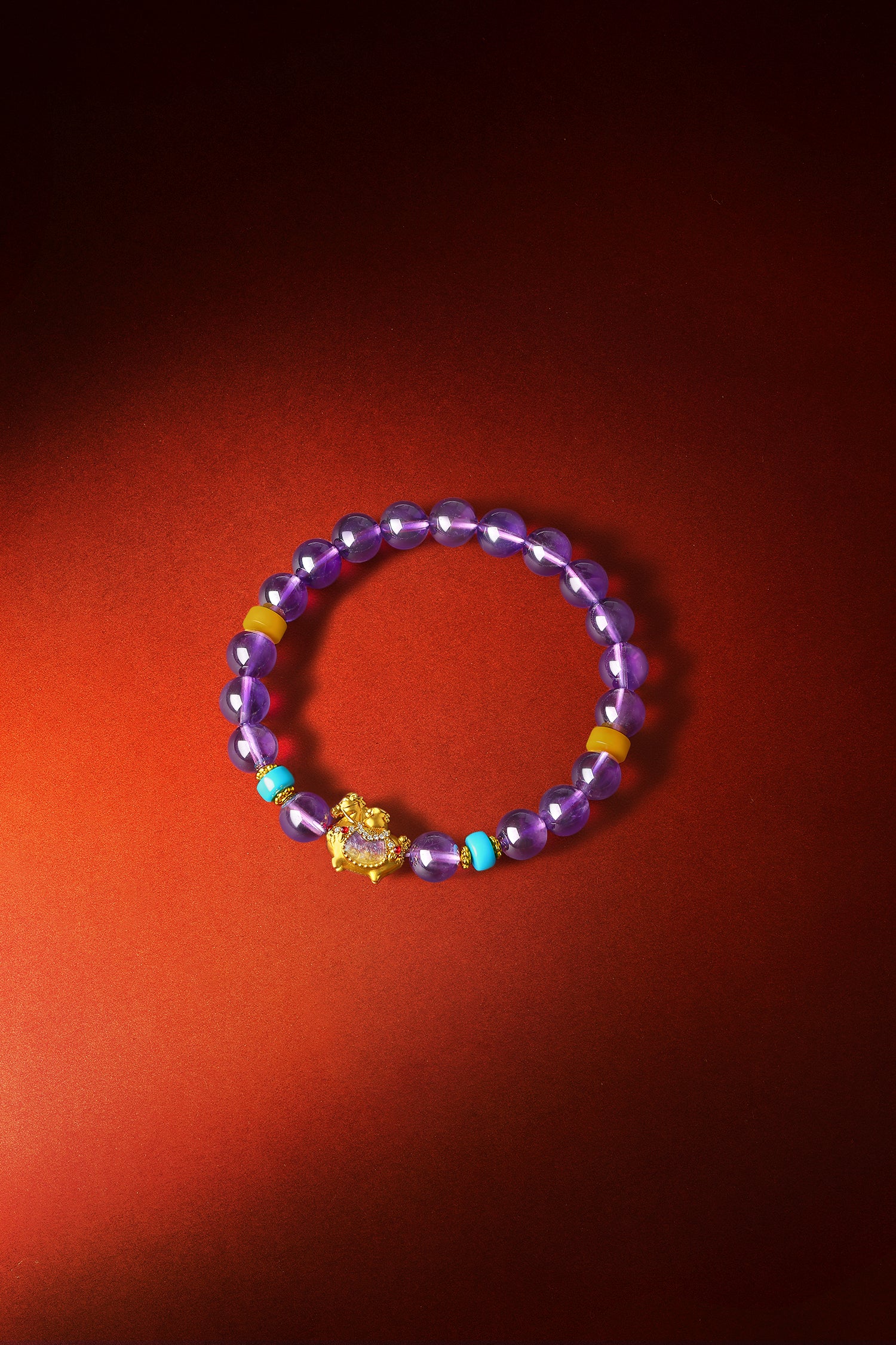 "Chinese Culture Collection - Dan Qing" 24K Gold Beaded Bracelet Amethyst 7.8-8.3mm Diamond 0.0024ct Turquoise 5.8-6.3*2.8-3.3mm Horse 0.9-1.5g J1937268