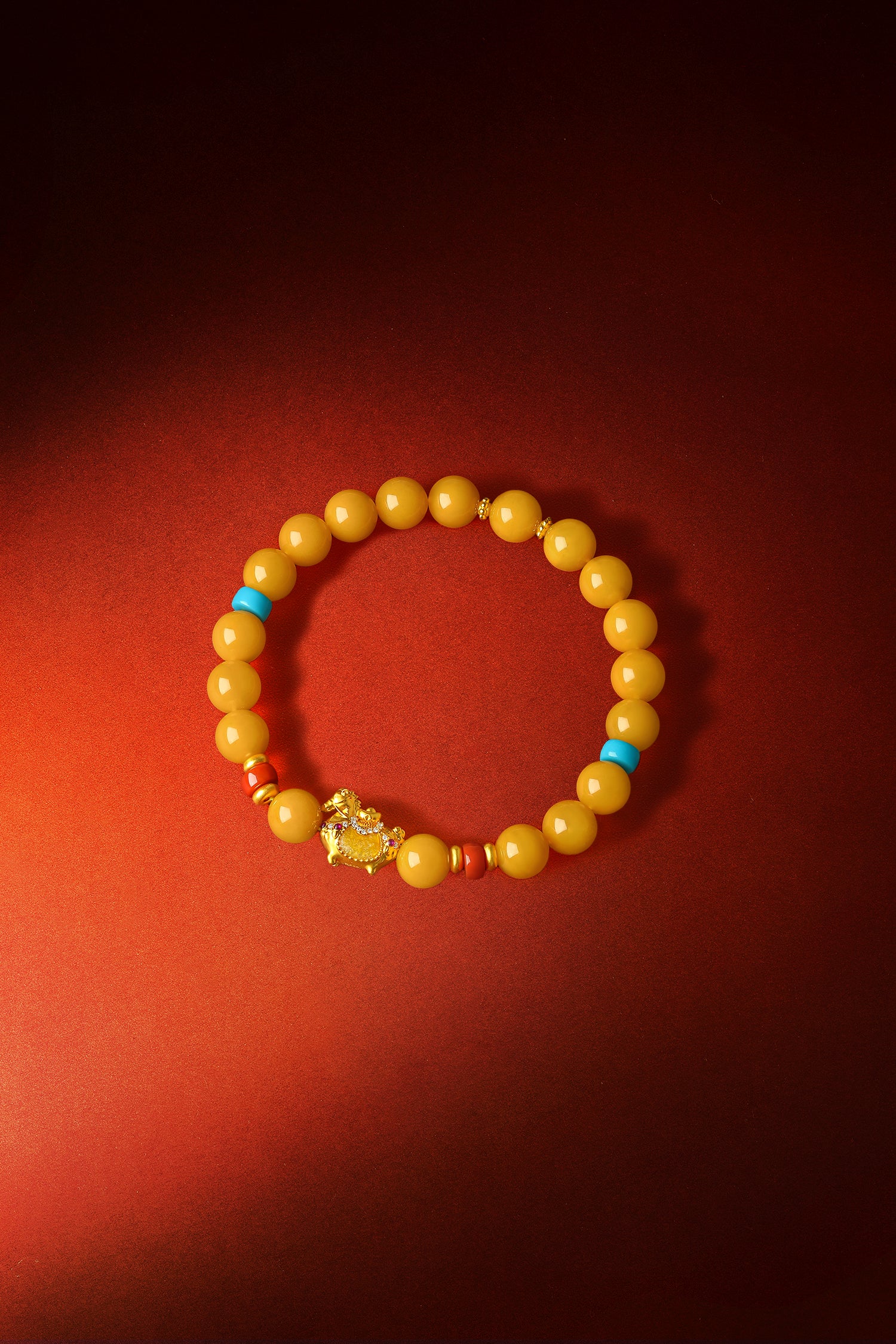 "Chinese Culture Collection - Dan Qing" 24K Gold Beaded Bracelet Amber 8-8.5mm Diamond 0.0025ct Agate 5.8-6.3*3.5-4mm Horse 1.1-1.6g J1937265