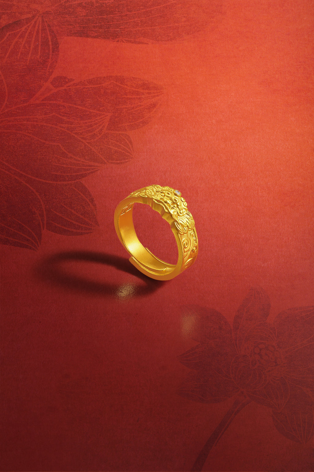 "Jiuhua Mountain" 24K Gold Diamond Embossed Sculpture Adjustable Ring 0.015ct W0137737