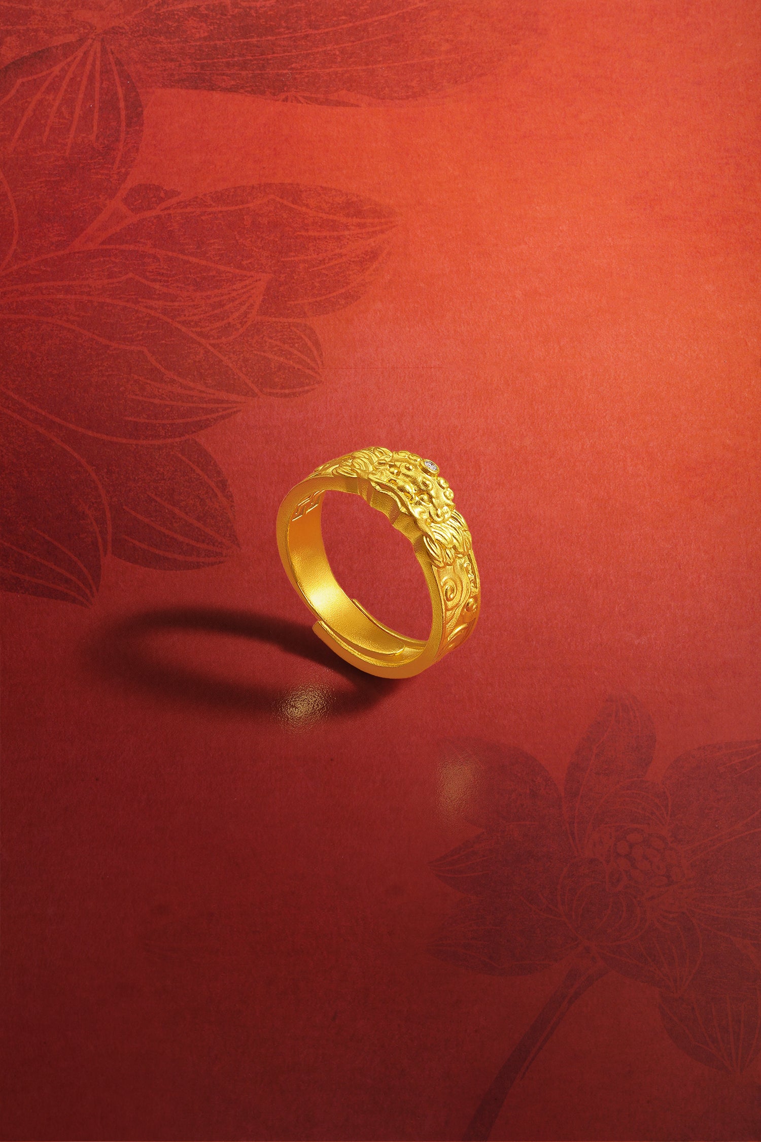 "Jiuhua Mountain" 24K Gold Diamond Embossed Sculpture Adjustable Ring 0.015ct W0137737