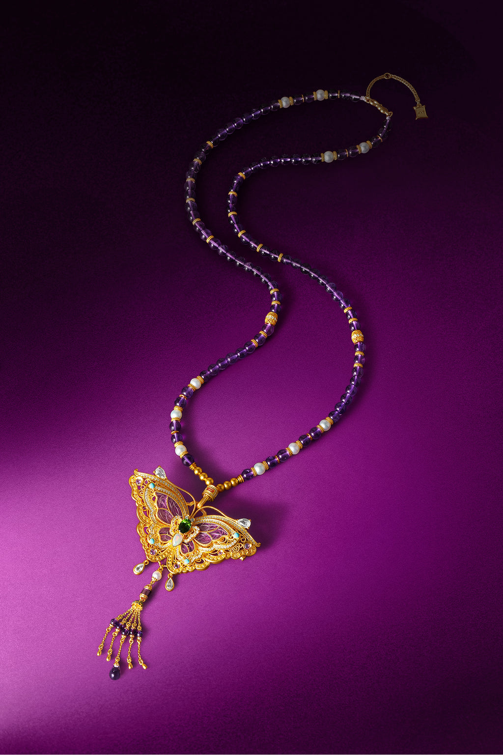 "Chinese Culture Collection - Dan Qing" 999 24K Gold String Pendant Necklace Amethyst 1.8-7.5mm Diamond 0.0042ct Freshwater Pearl 0.78ct Butterfly 50-56g J0650024