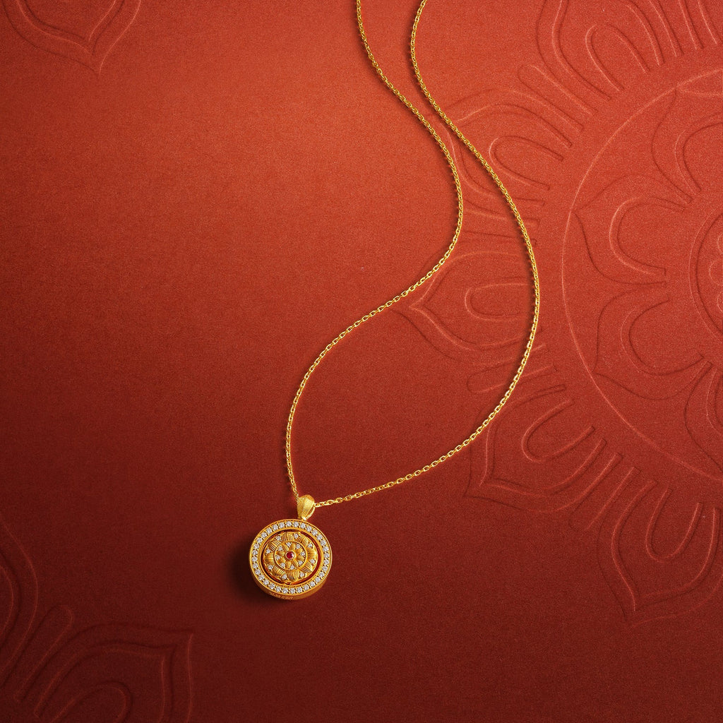 "Jiuhua Mountain" 24K Gold Cross Chain Necklace Diamond Ruby Rotatable Floral Round Pendant Chain Size 40+5cm W0640430