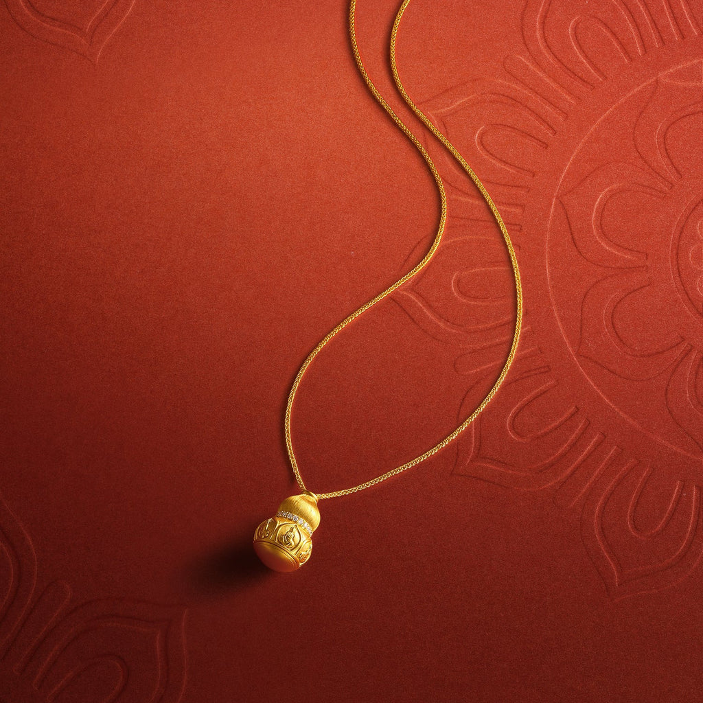 "Jiuhua Mountain" 24K Gold Snake Chain Necklace Diamond Openable Gourd Buddha Pendant Chain Size 40+5cm W0638239