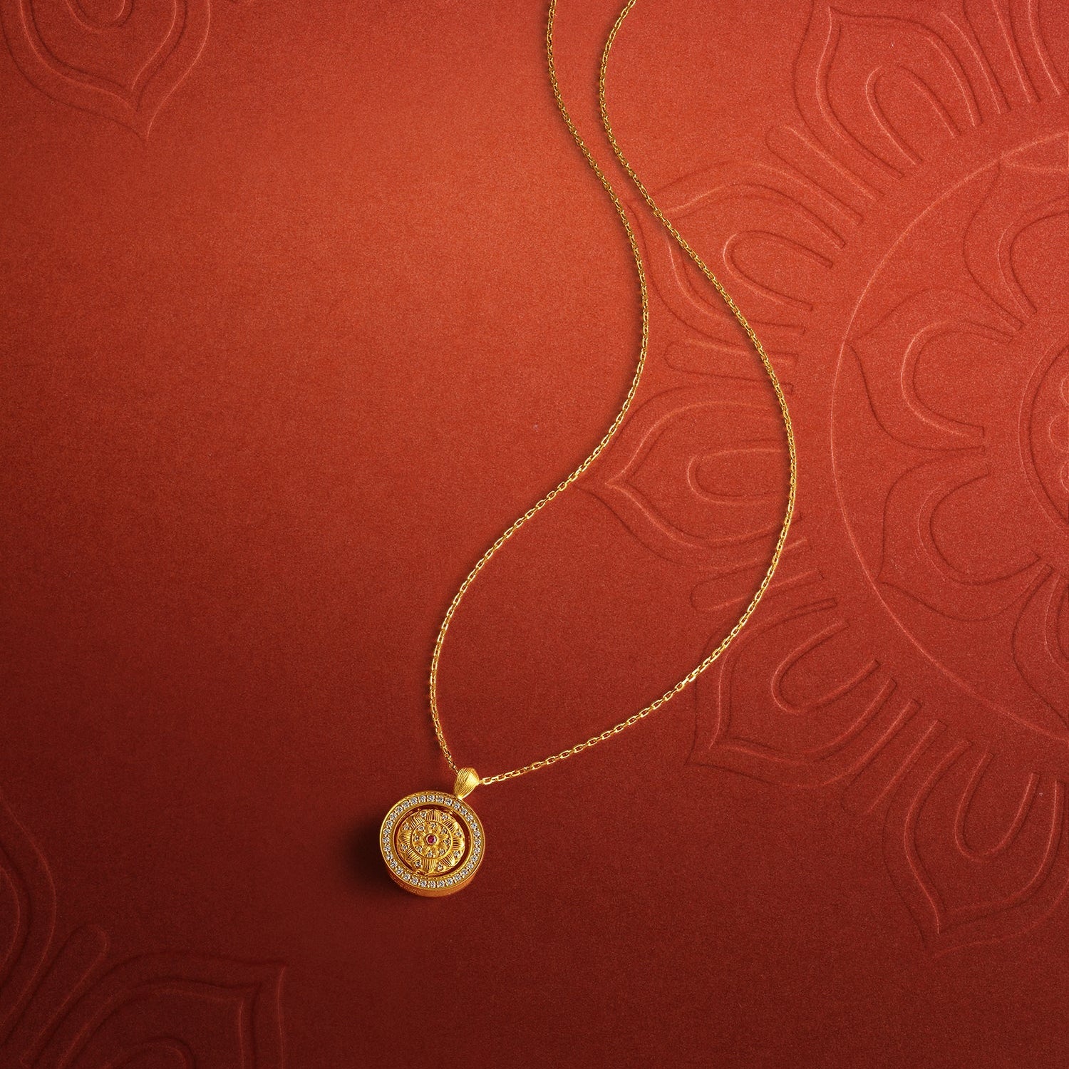 "Jiuhua Mountain" 24K Gold Cross Chain Necklace Diamond Ruby Rotatable Floral Round Pendant Chain Size 40+5cm W0637736