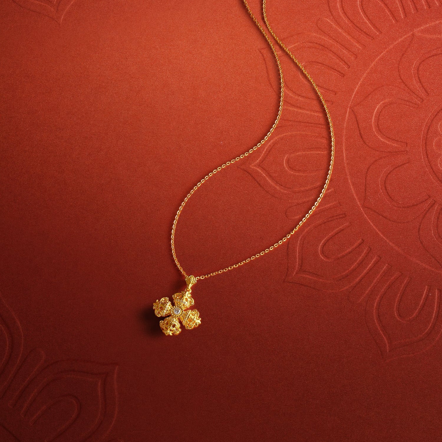 "Jiuhua Mountain" 24K Gold O Chain Necklace Diamond Four-Petaled Vajra Pendant Chain 40+5cm W0630216