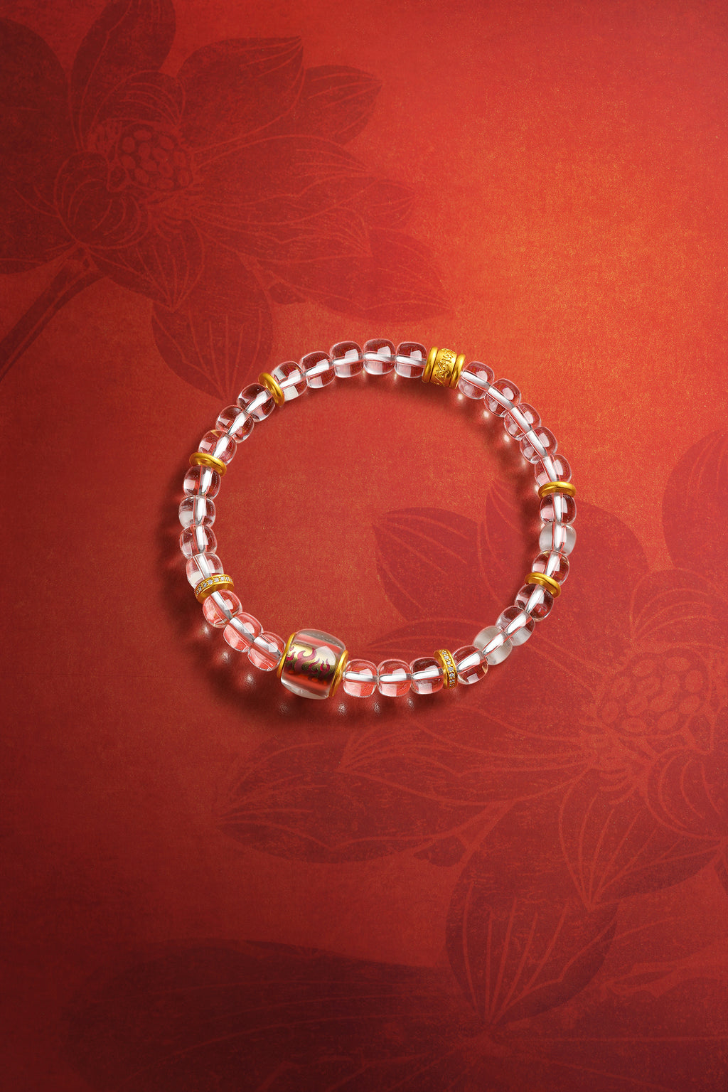 "Jiuhua Mountain" 24K Gold Crystal Beaded Bracelet Engraved Barrel 8*11mm 18cm J1935605