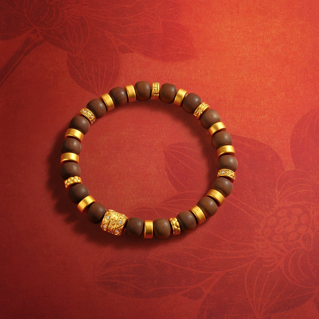 "Jiuhua Mountain" 24K Gold Sandalwood Beaded Bracelet Diamond Floral Charm W1935450