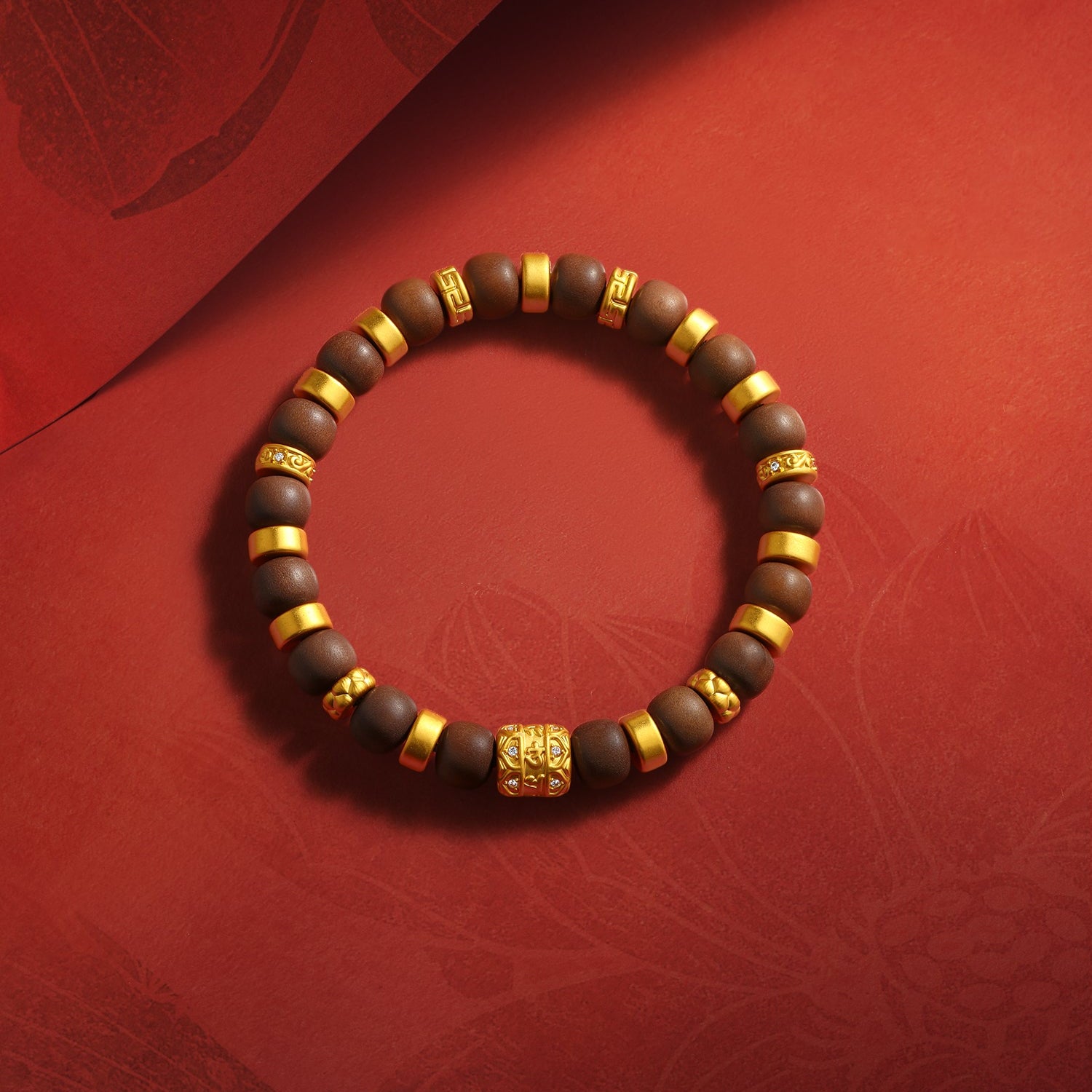 "Jiuhua Mountain" 24K Gold Sandalwood Beaded Bracelet Diamond Floral Charm W1935450