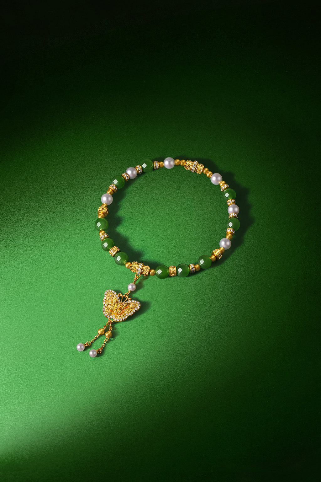 "Chinese Culture Collection - Dan Qing" 24K Gold Beaded Bracelet Hetian Jade 5.8-6.3mm Diamond 0.0053ct Pearl 2.8-3.3mm Butterfly 12-15g Y1940434