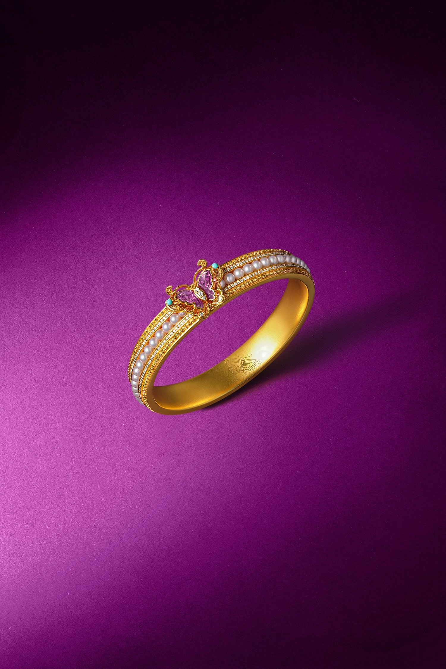 "Chinese Culture Collection - Dan Qing" 24K Gold Bangle Bracelet Diamond 0.003ct Pearl 3mm Butterfly 56-63g W1043660
