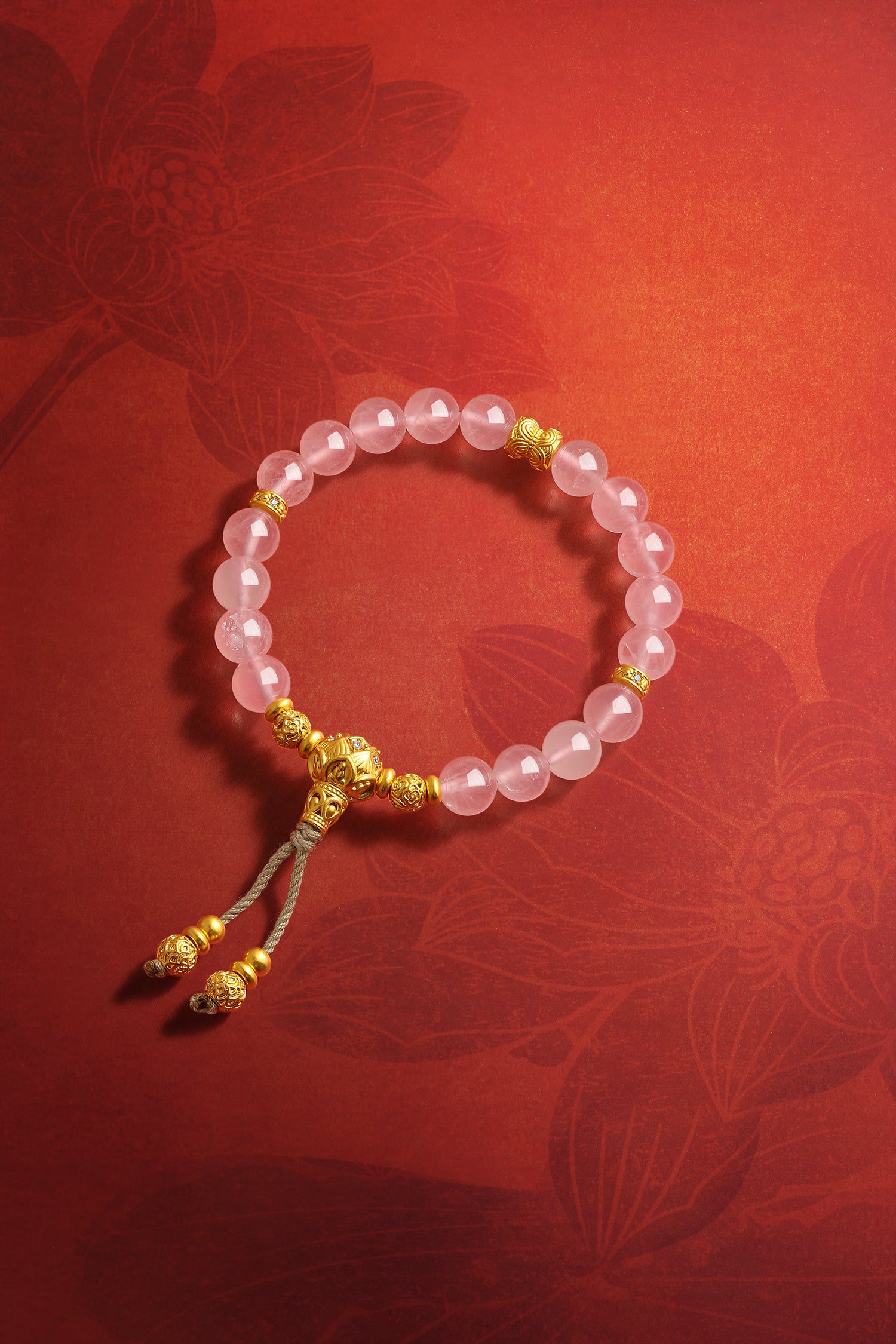 "Jiuhua Mountain" 24K Gold String Bracelet Rose Quartz Engraved Tassel 8-8.5mm 18cm A1938090