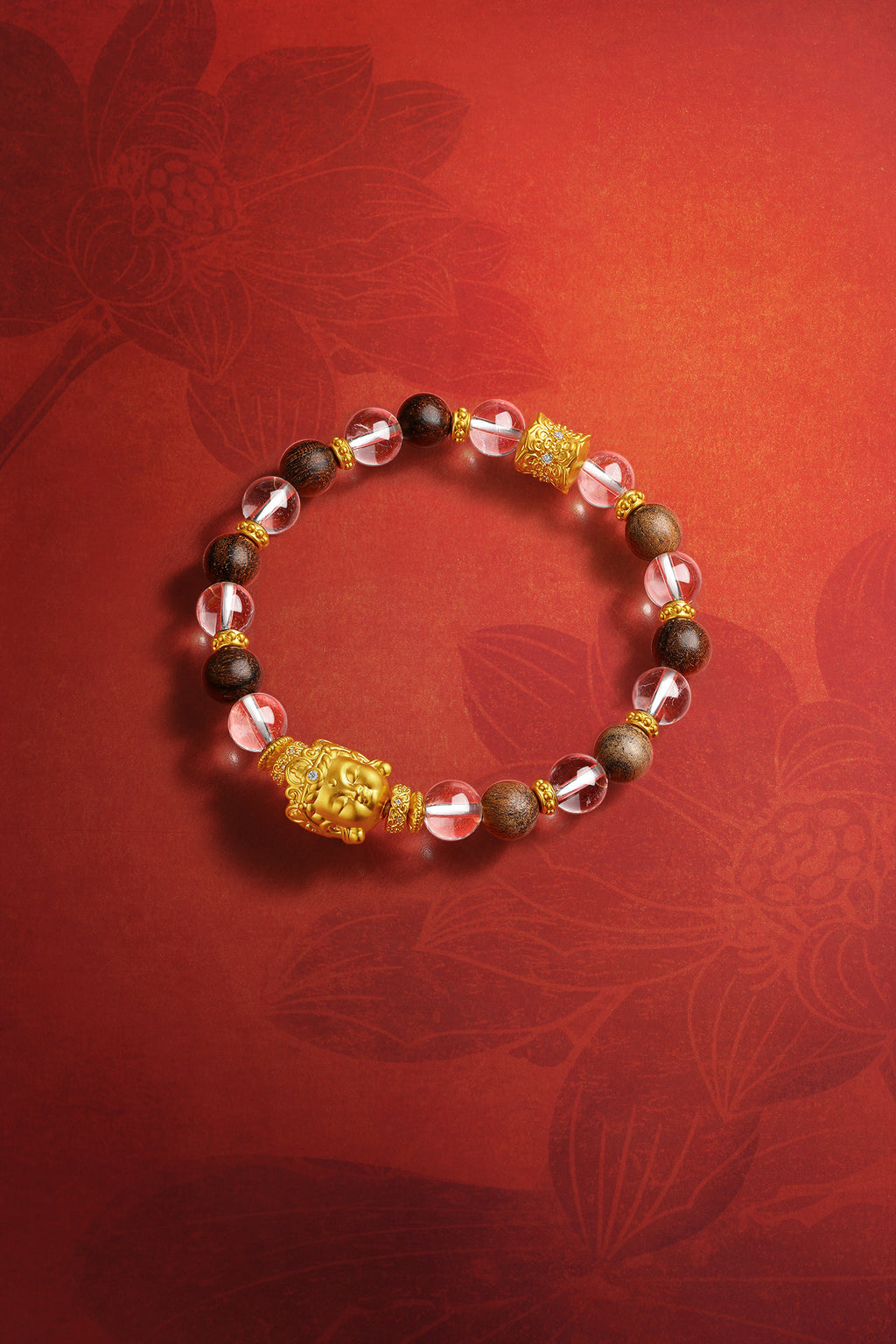 "Jiuhua Mountain" 24K Gold Beaded Bracelet Crystal Wood Buddha Sculpture 8-8.5mm 18cm J1936045