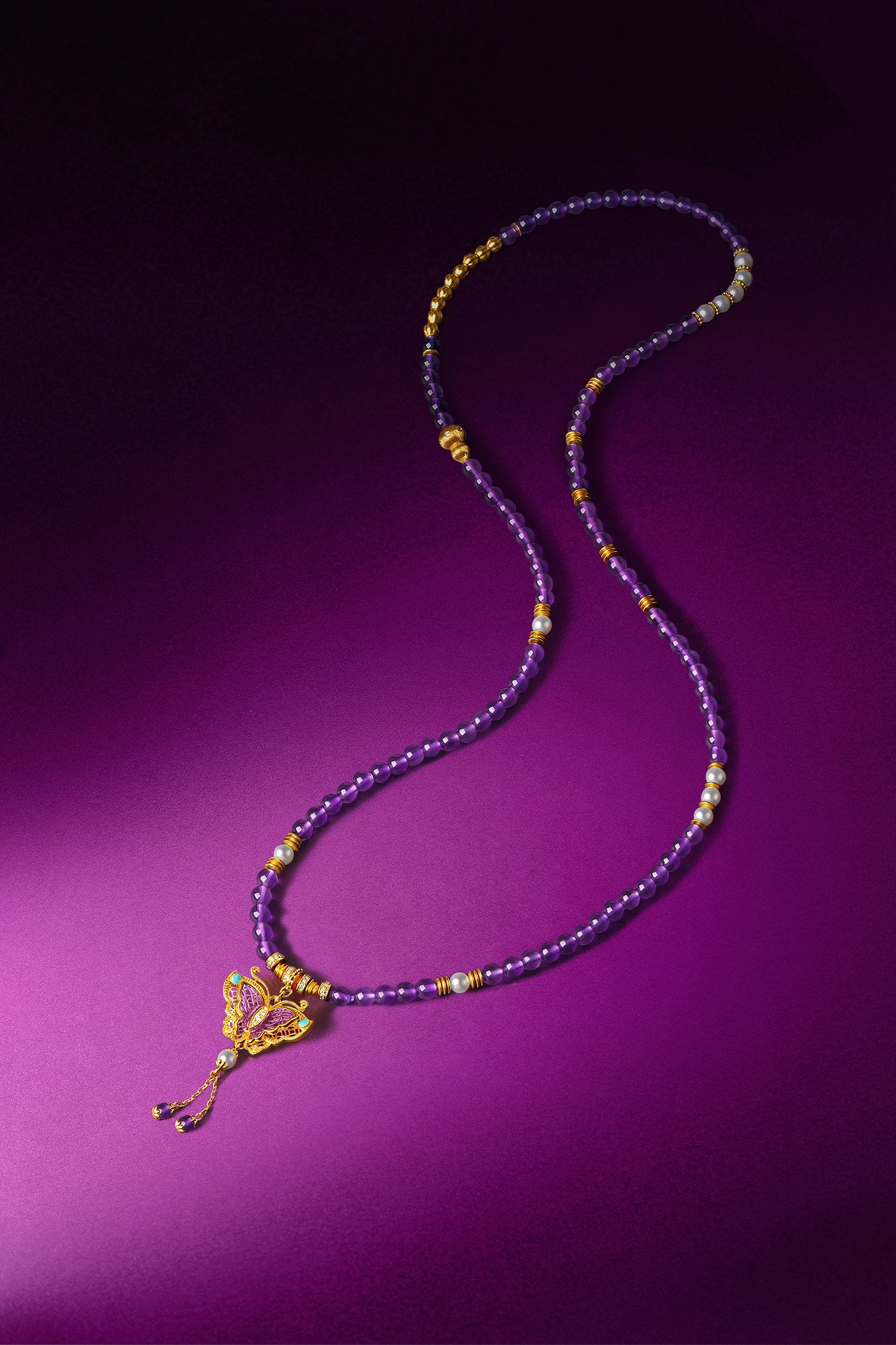 "Chinese Culture Collection - Dan Qing" 24K Gold Beaded Bracelet Amethyst 4-4.5mm Diamond 0.0029ct 4-4.5mm Butterfly 15.3-19.3g J1940435