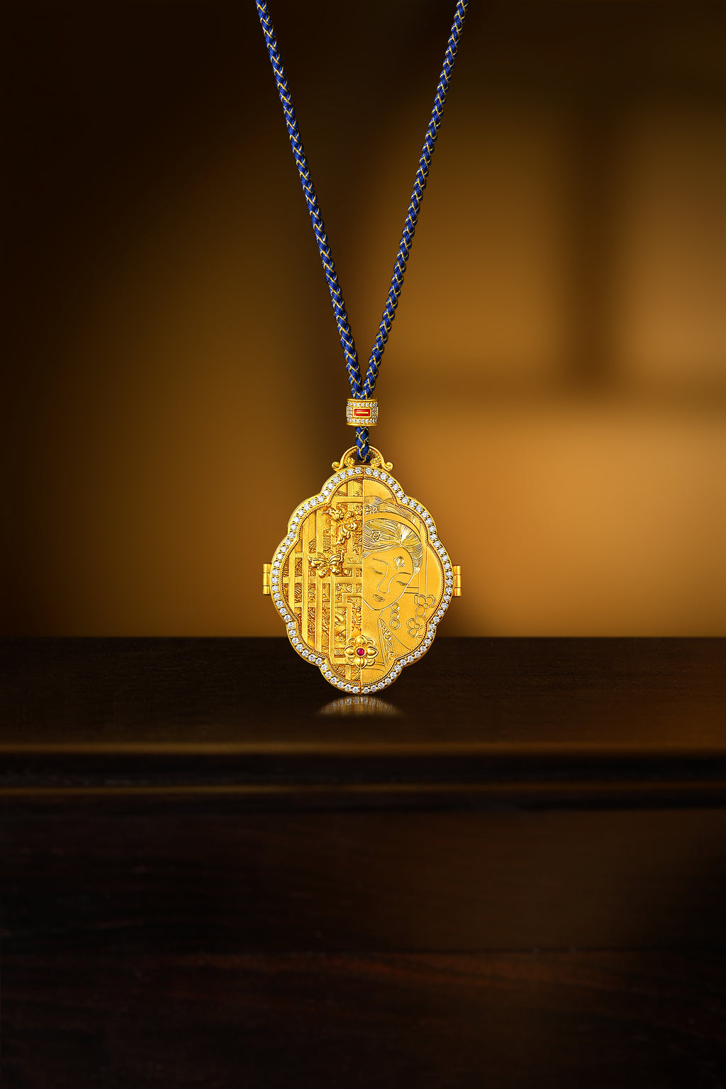"Chinese Culture Collection - Dan Qing" 999 24K Gold  String Pendant Diamond 0.0075ct Ruby 0.015ct 52-58g W0450080