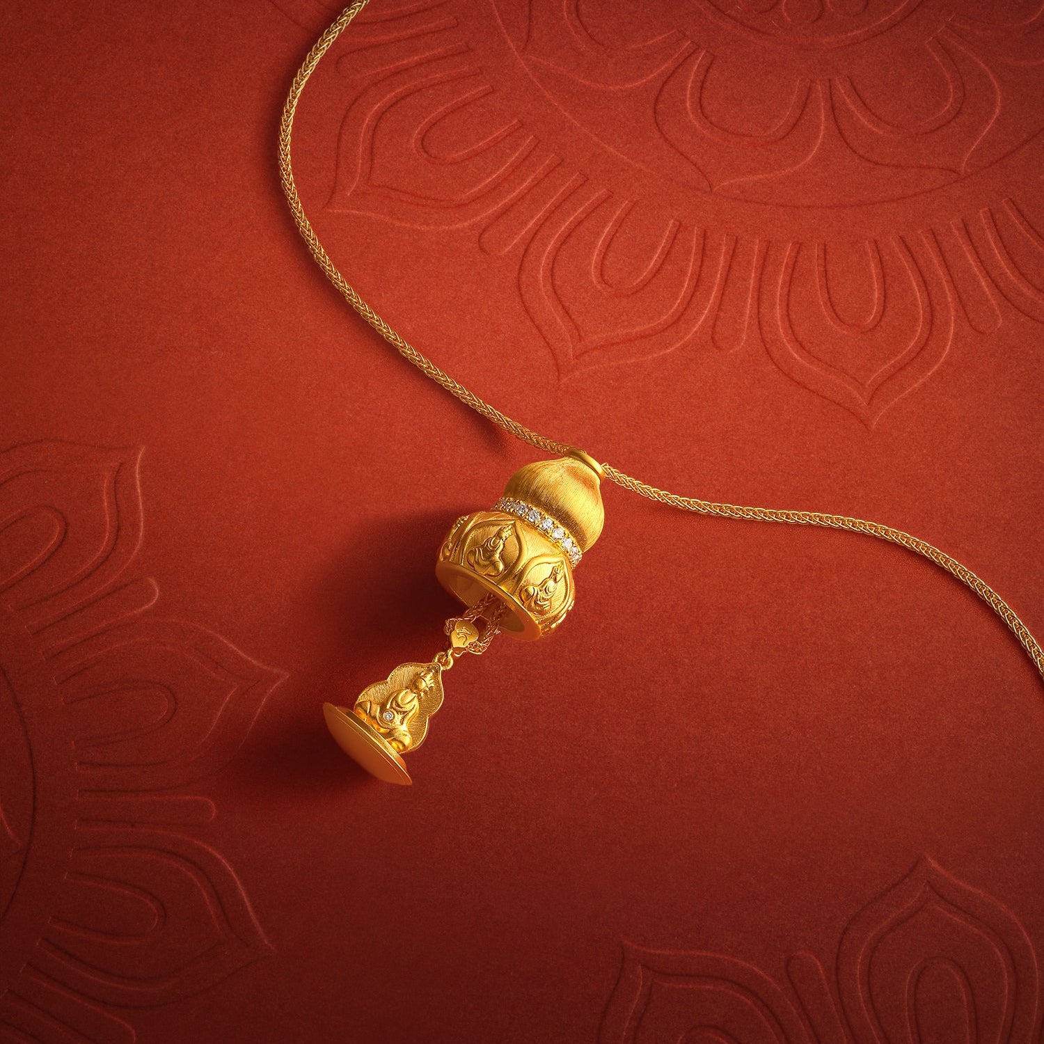 "Jiuhua Mountain" 24K Gold Snake Chain Necklace Diamond Openable Gourd Buddha Pendant Chain Size 40+5cm W0638239