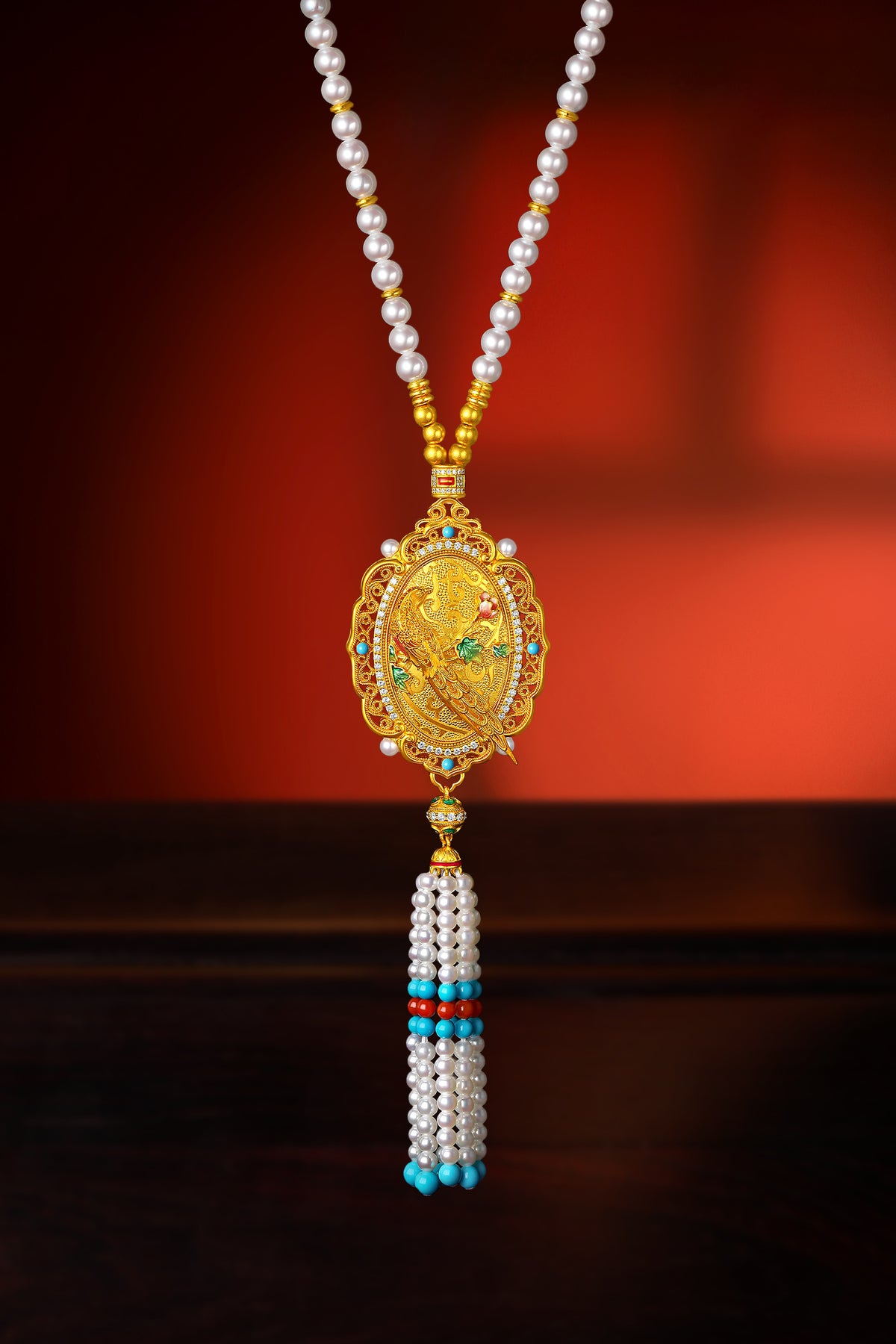 "Chinese Culture Collection - Dan Qing" 999 24K Gold String Pendant Necklace String Freshwater Pearl 3-5.5mm Diamond 0.0069ct Ruby 3-4.3mm Floral 55-62g X0650066
