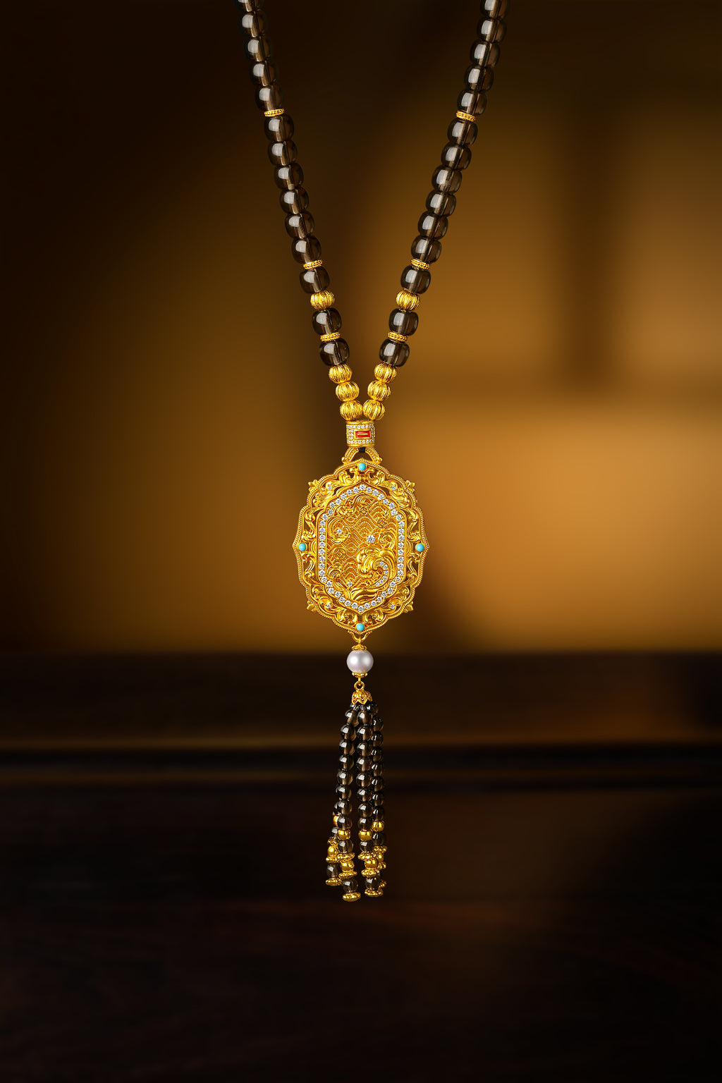 "Chinese Culture Collection - Dan Qing" 999 24K Gold Pendant Necklace Crystal 6-6.5*4.8-5.3mm Crystal 3-3.5mm Diamond 5.5-6mm 44-49g J0649942