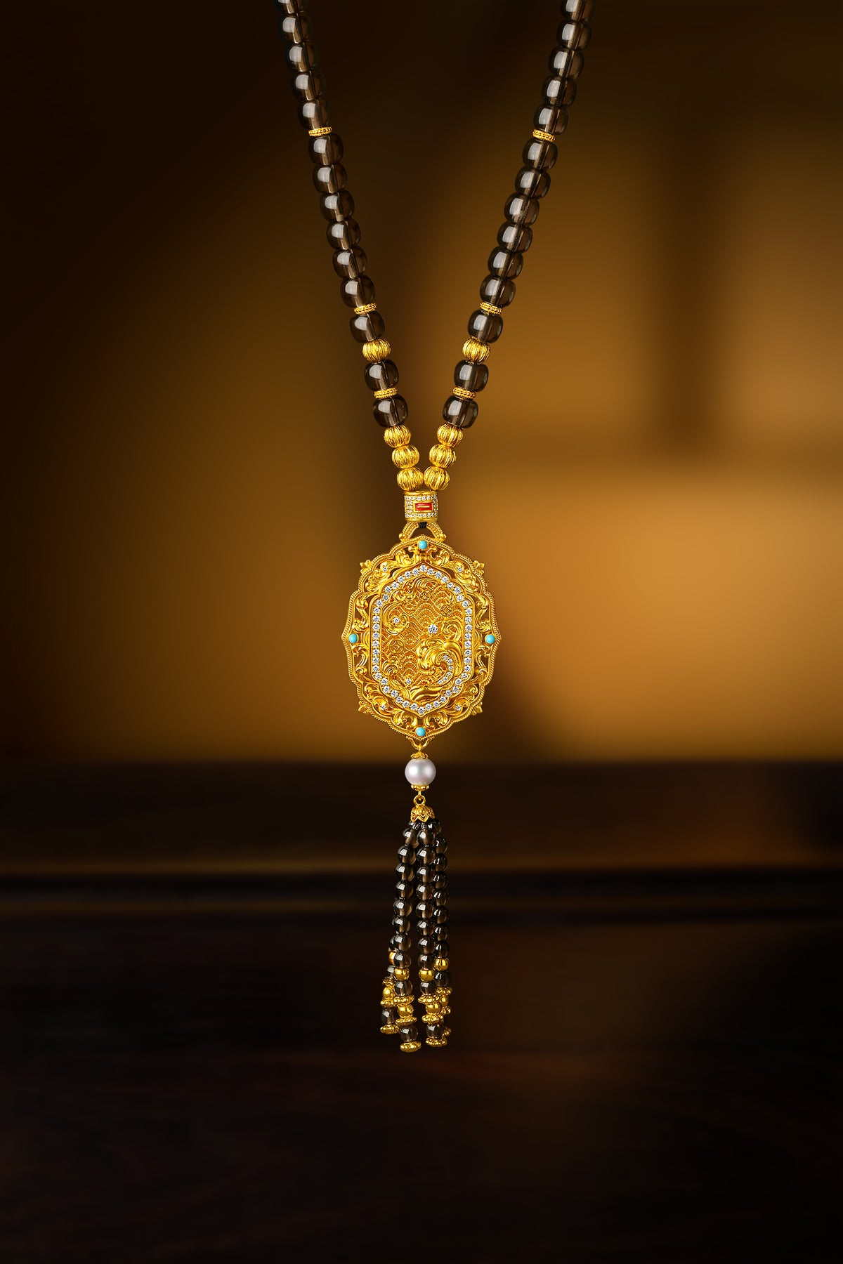 "Chinese Culture Collection - Dan Qing" 999 24K Gold Pendant Necklace Crystal 6-6.5*4.8-5.3mm Crystal 3-3.5mm Diamond 5.5-6mm 44-49g J0649942