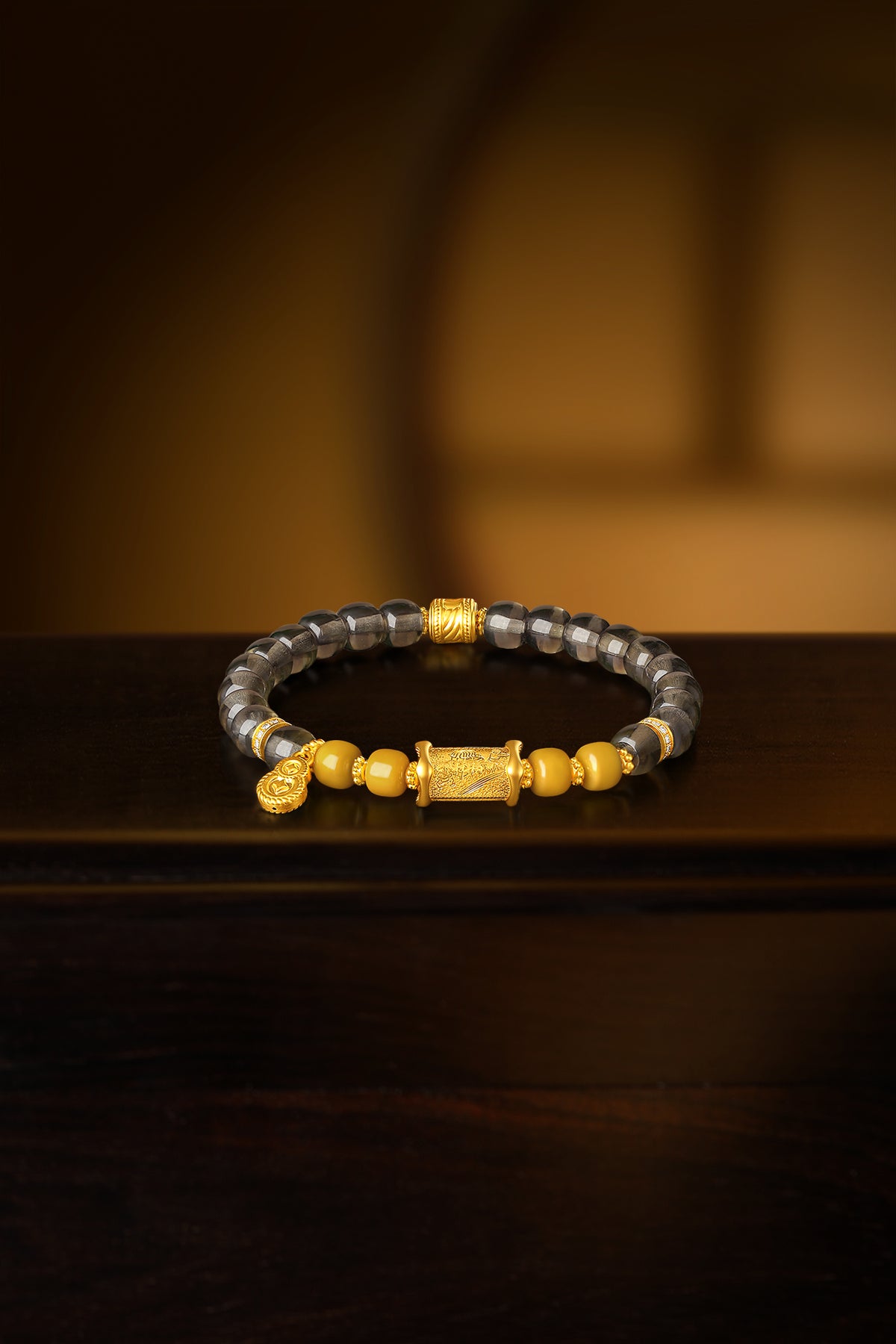 "Chinese Culture Collection - Dan Qing" 999 24K Gold Beaded Bracelet Crystal 6-6.5*7-7.5mm Diamond 0.0073ct Amber Gourd 6.5-9.5g J1950061