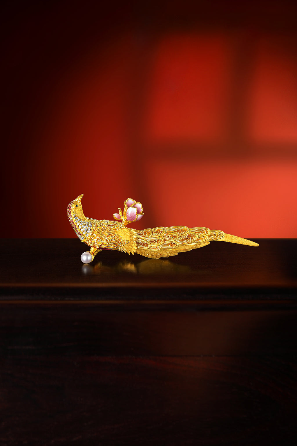 "Chinese Culture Collection - Dan Qing" 999 24K Gold Brooch Diamond 0.0088ct Aquamarine 0.0025ct Ruby 4-4.5mm 32-37g W2249945