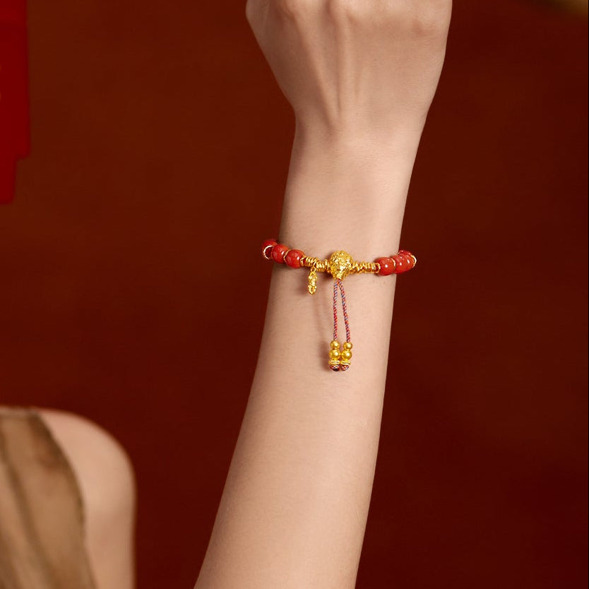 "Jiuhua Mountain" 24K Gold Beaded Bracelet Agate Bodhi Bead Ksitigarbha's Implements A1915333