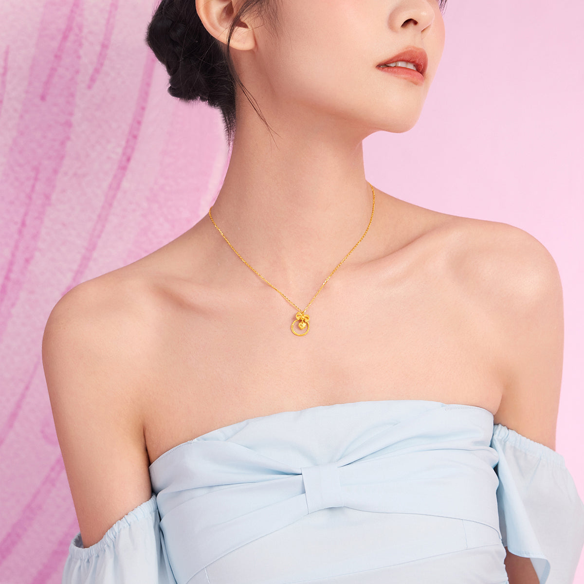 "Girl's Worries" 24K Gold Pendant Necklace Bow 3.58-3.98g A0615491