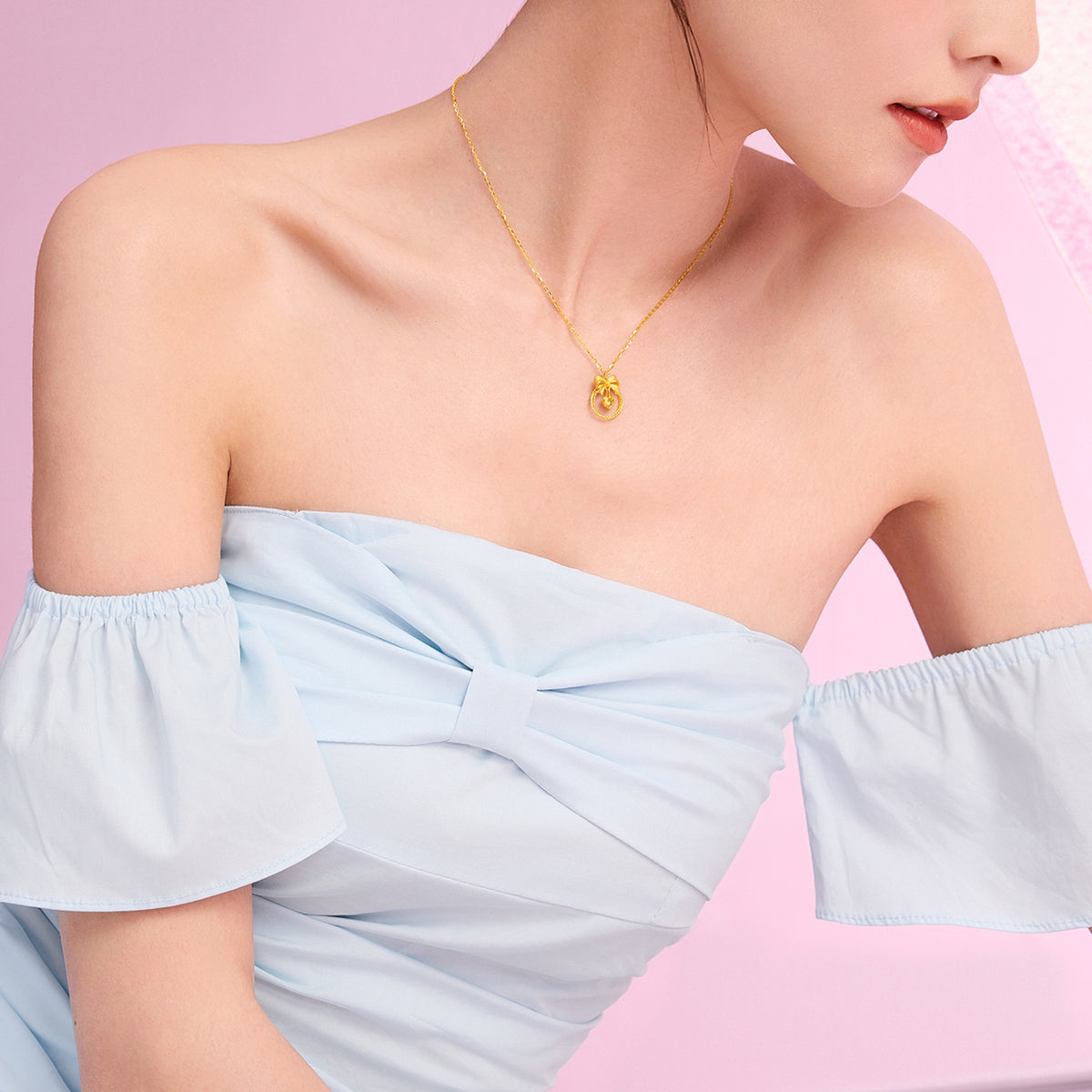 "Girl's Worries" 24K Gold Pendant Necklace Bow 3.58-3.98g A0615491