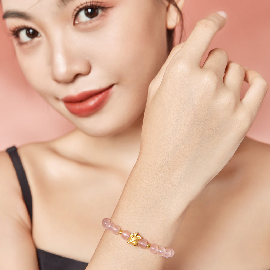 "Chinese Zodiac Rabbit" 24K Gold Beaded Bracelet Rose Quartz6.2-6.7mm Rabbit 0.42-0.65g A1911099
