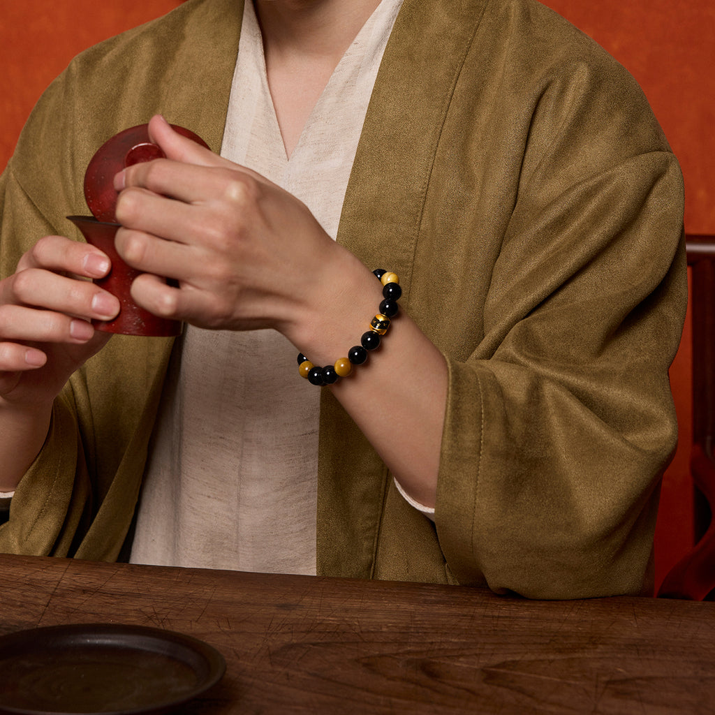 Jiuhua Mountain' 24K Gold Beaded Bracelet Agate Tiger's Eye Bead Buddhist Scripture A1915271