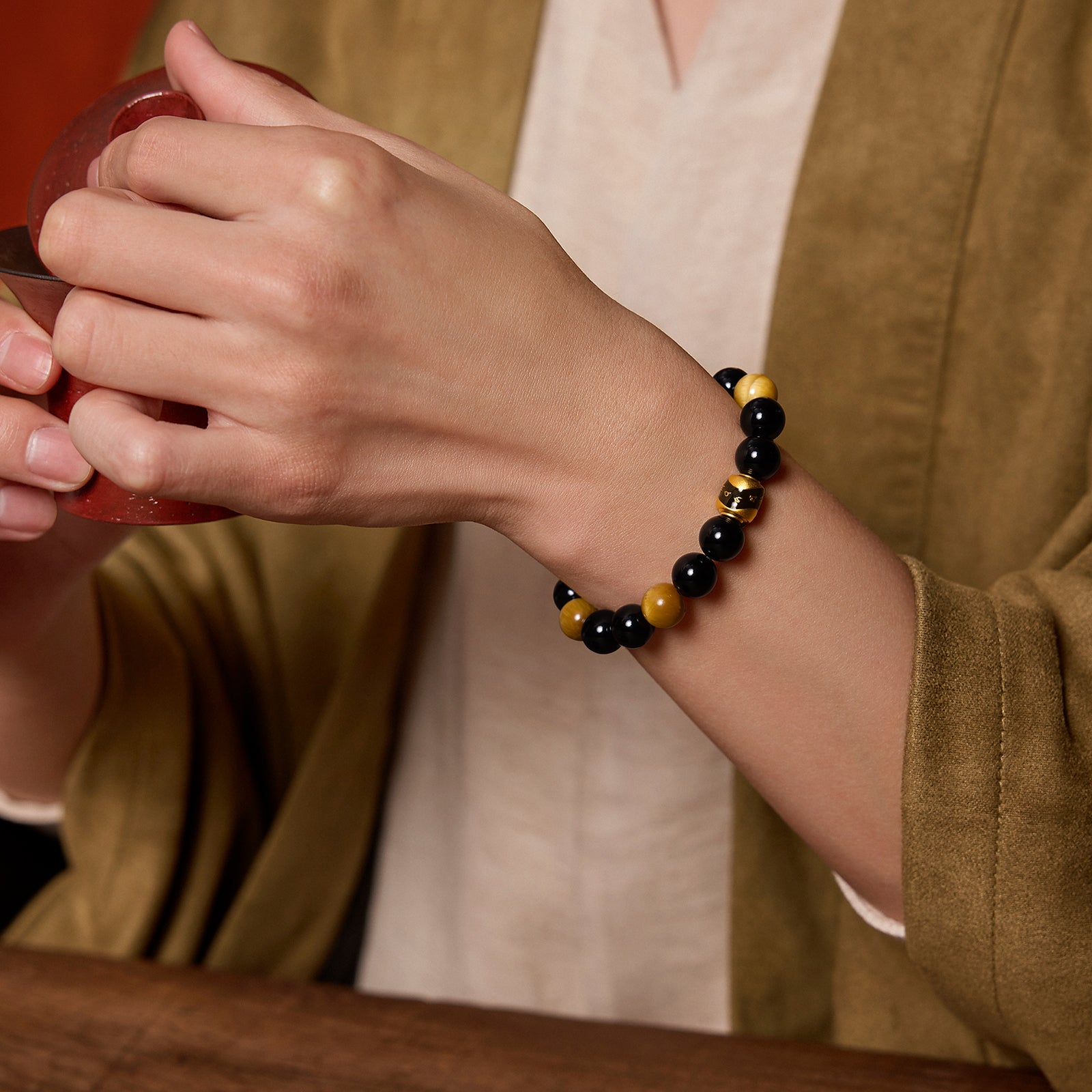 Jiuhua Mountain' 24K Gold Beaded Bracelet Agate Tiger's Eye Bead Buddhist Scripture A1915271