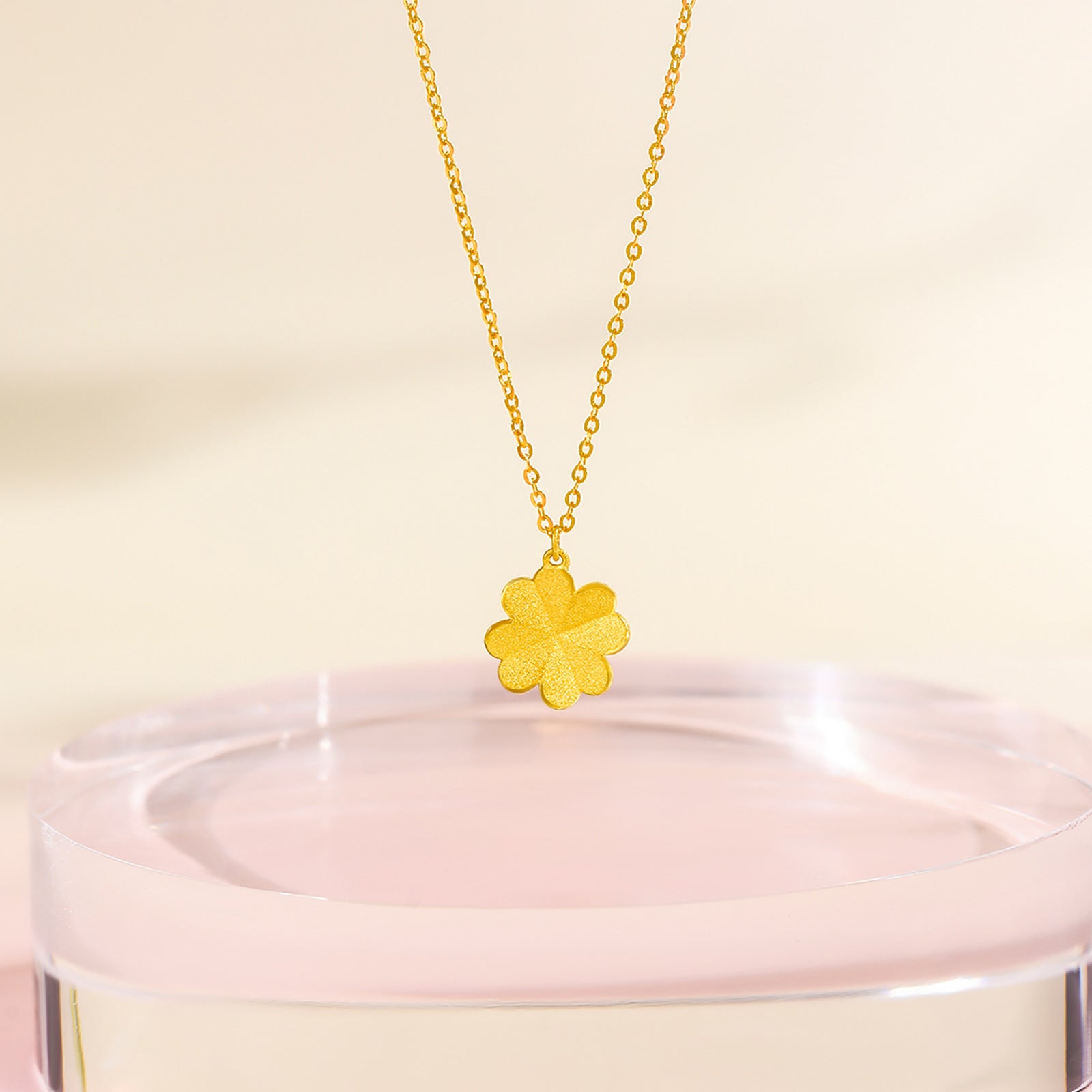 24K Solid Gold Matte Four Leaf Clover Pendant Necklace for Women - 18" Gold Chain Fine Jewelry Birthday Anniversary Gift for Women A0611665