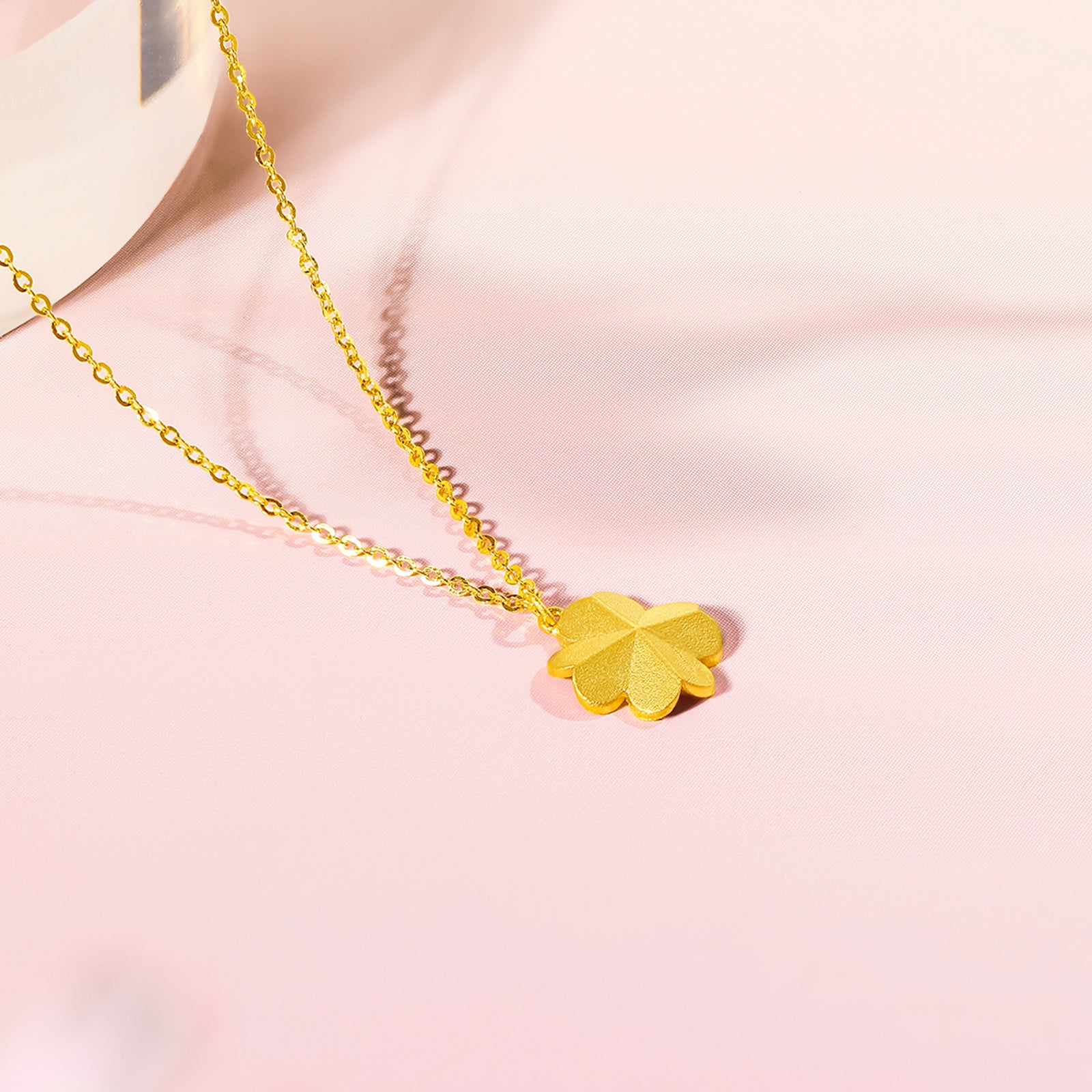 24K Solid Gold Matte Four Leaf Clover Pendant Necklace for Women - 18" Gold Chain Fine Jewelry Birthday Anniversary Gift for Women A0611665