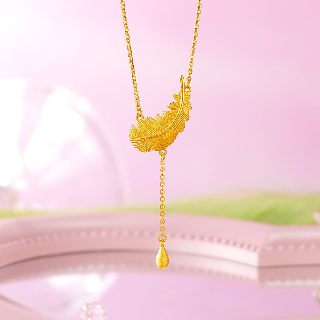 "Fugitive Princess" 999 24K Gold Pendant Necklace Feather 4.6-5g A0612620