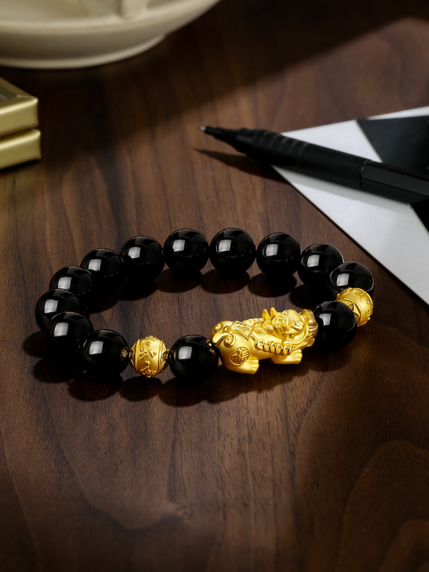 24K Gold Beaded Bracelet Agate Pixiu 4.4-4.8g ADMN193471
