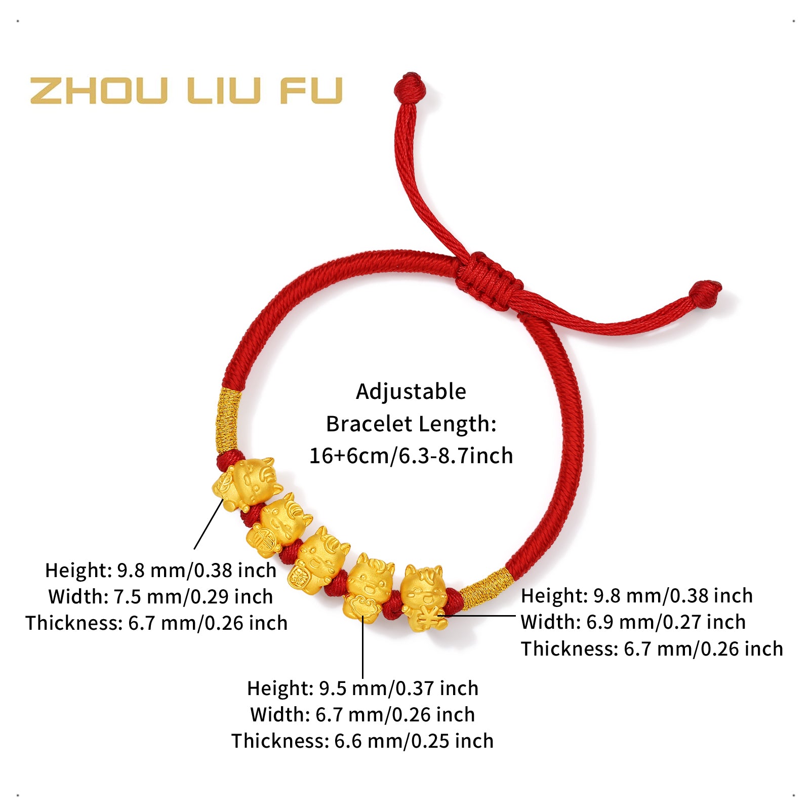 "Year of the Horse"  24K Gold String Bracelet Five Horses 2-2.5g 16cm-22cm A1716249