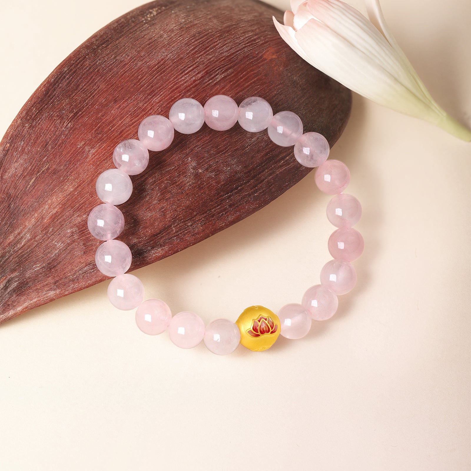 Jiuhua Mountain' 24K Gold Beaded Bracelet Rose Quartz Lotus Flower A1914704