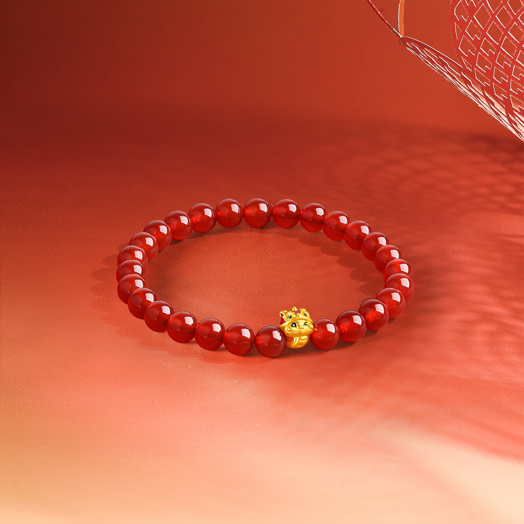 "Chinese Zodiac Snake" 24K Gold Beaded Bracelet Agate Snake 0.3-0.6g A1914865