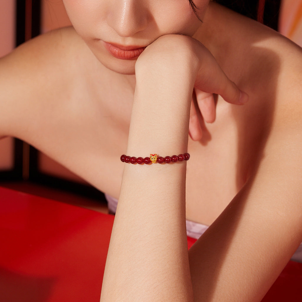 "Chinese Zodiac Snake" 24K Gold Beaded Bracelet Agate Snake 0.3-0.6g A1914865