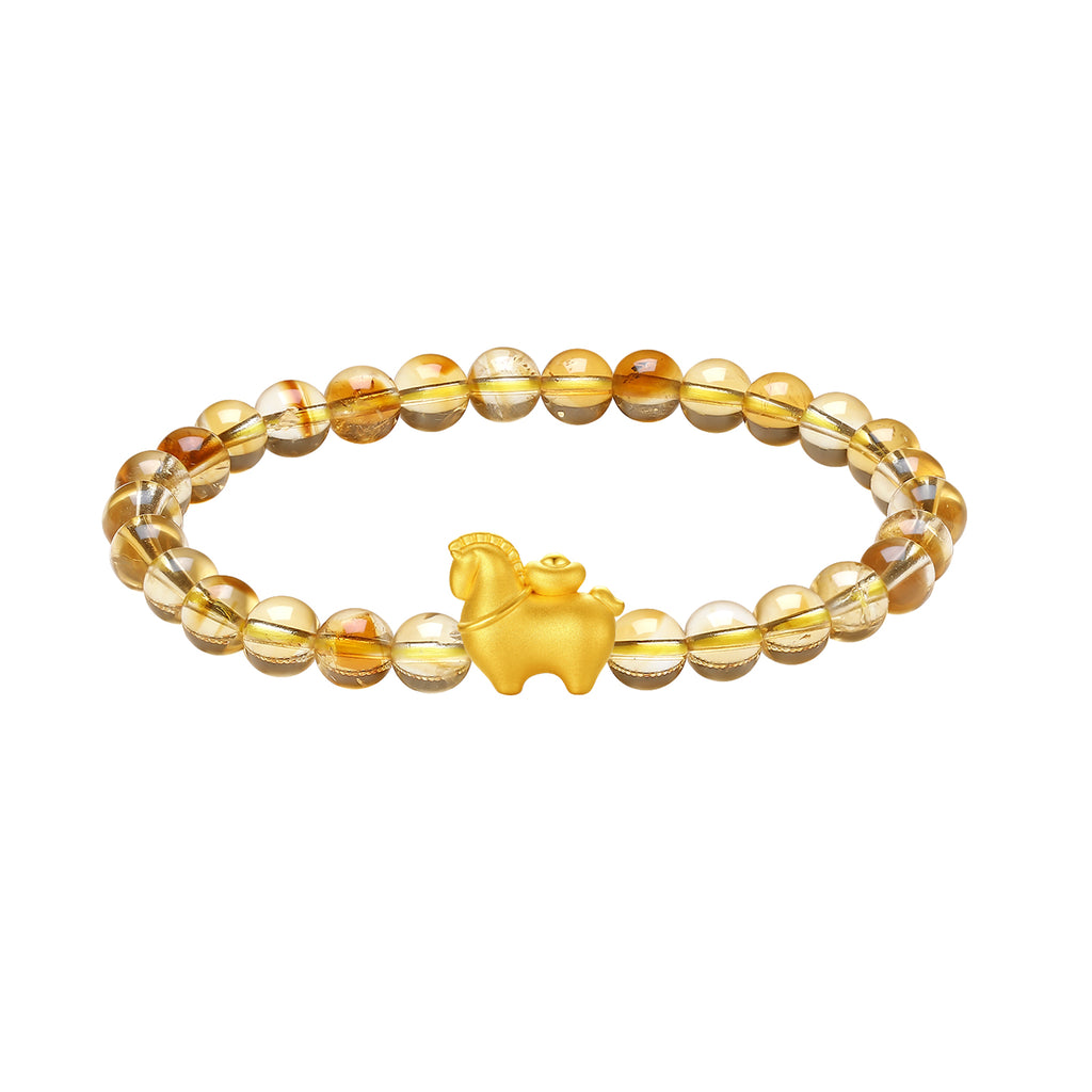 "Year of the Horse"  24K Gold Beaded Bracelet Citrine Horse Yuanbao 0.55-0.85g 17cm A1915748