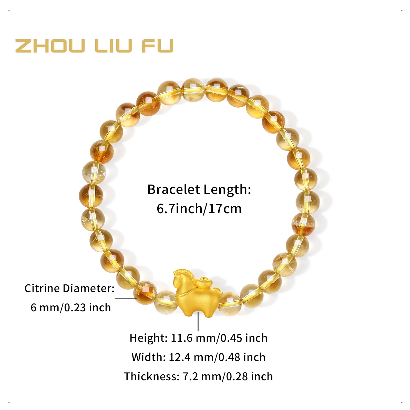 "Year of the Horse"  24K Gold Beaded Bracelet Citrine Horse Yuanbao 0.55-0.85g 17cm A1915748