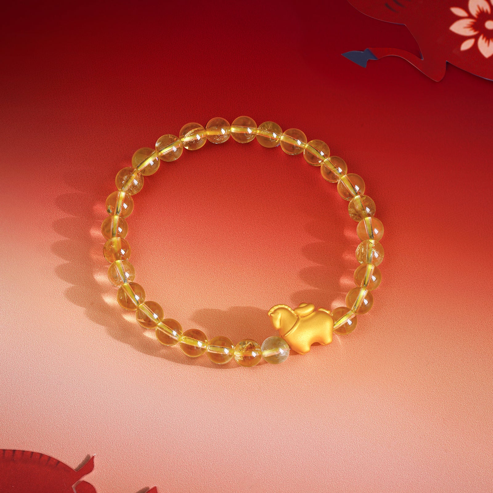 "Year of the Horse"  24K Gold Beaded Bracelet Citrine Horse Yuanbao 0.55-0.85g 17cm A1915748
