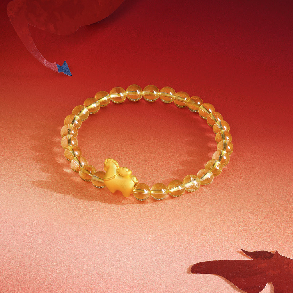 "Year of the Horse"  24K Gold Beaded Bracelet Citrine Horse Yuanbao 0.55-0.85g 17cm A1915748
