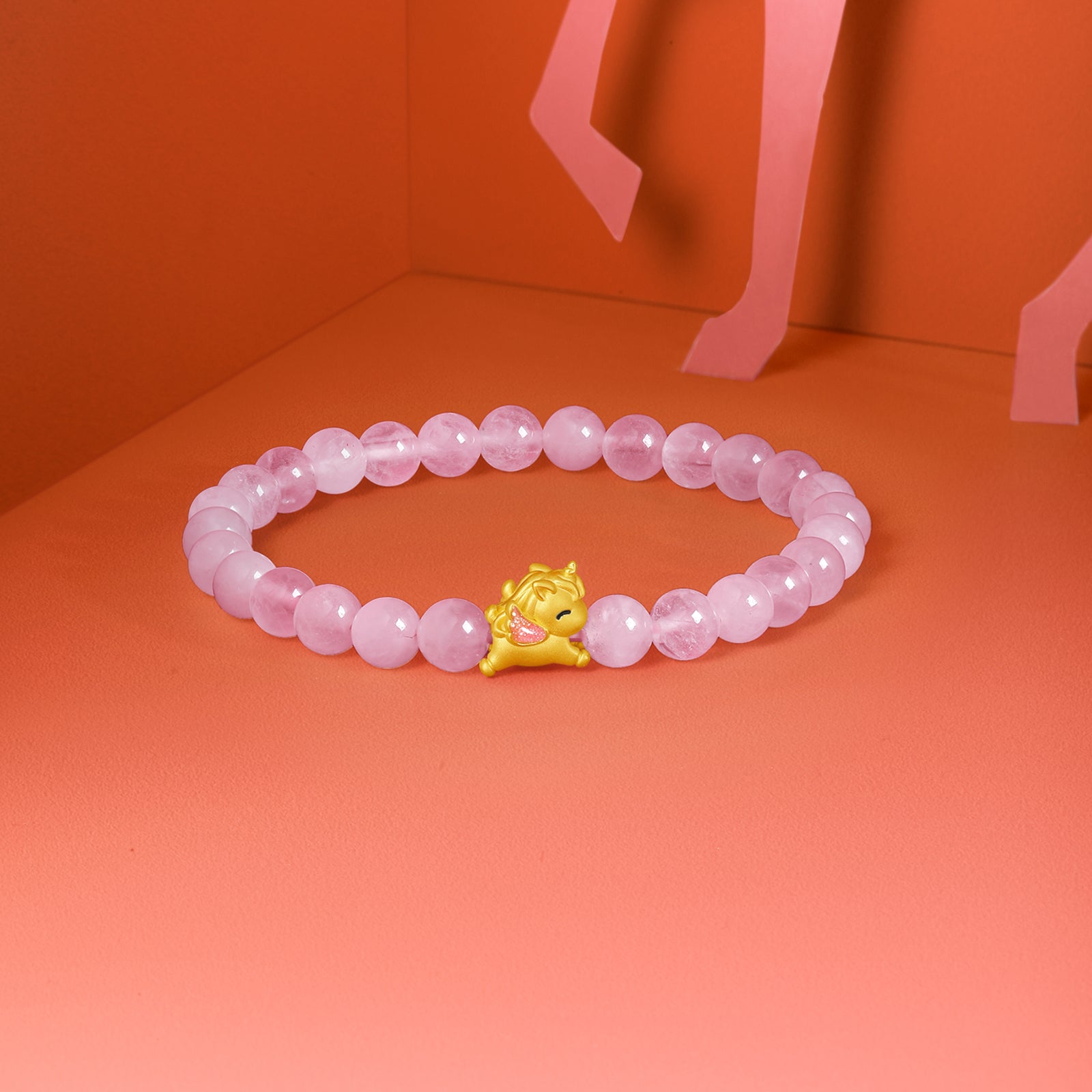 'Year of the Horse' 24K Gold Beaded Bracelet Rose Quartz Horse 0.35-0.55g 17cm A1915749