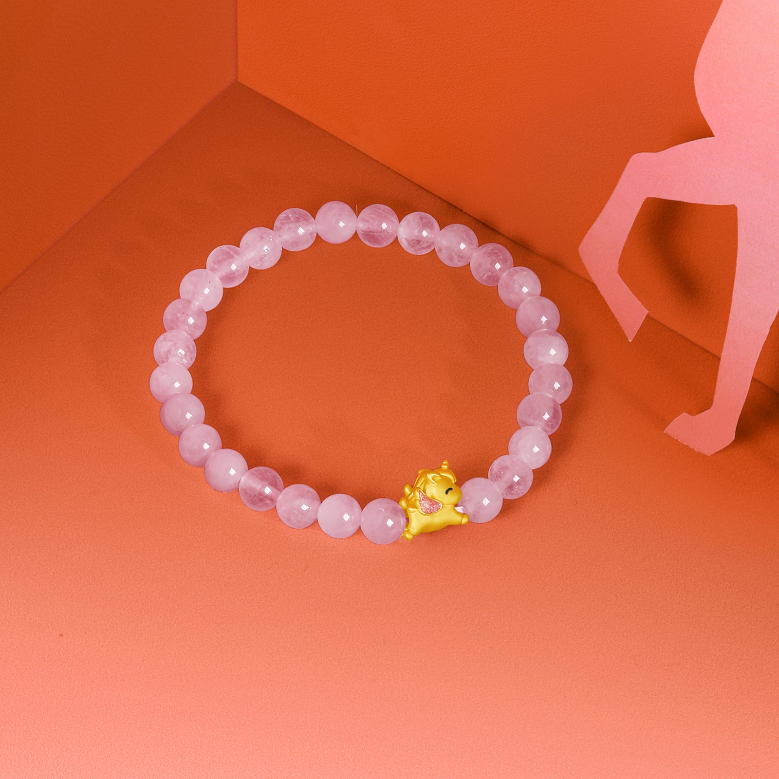 'Year of the Horse' 24K Gold Beaded Bracelet Rose Quartz Horse 0.35-0.55g 17cm A1915749